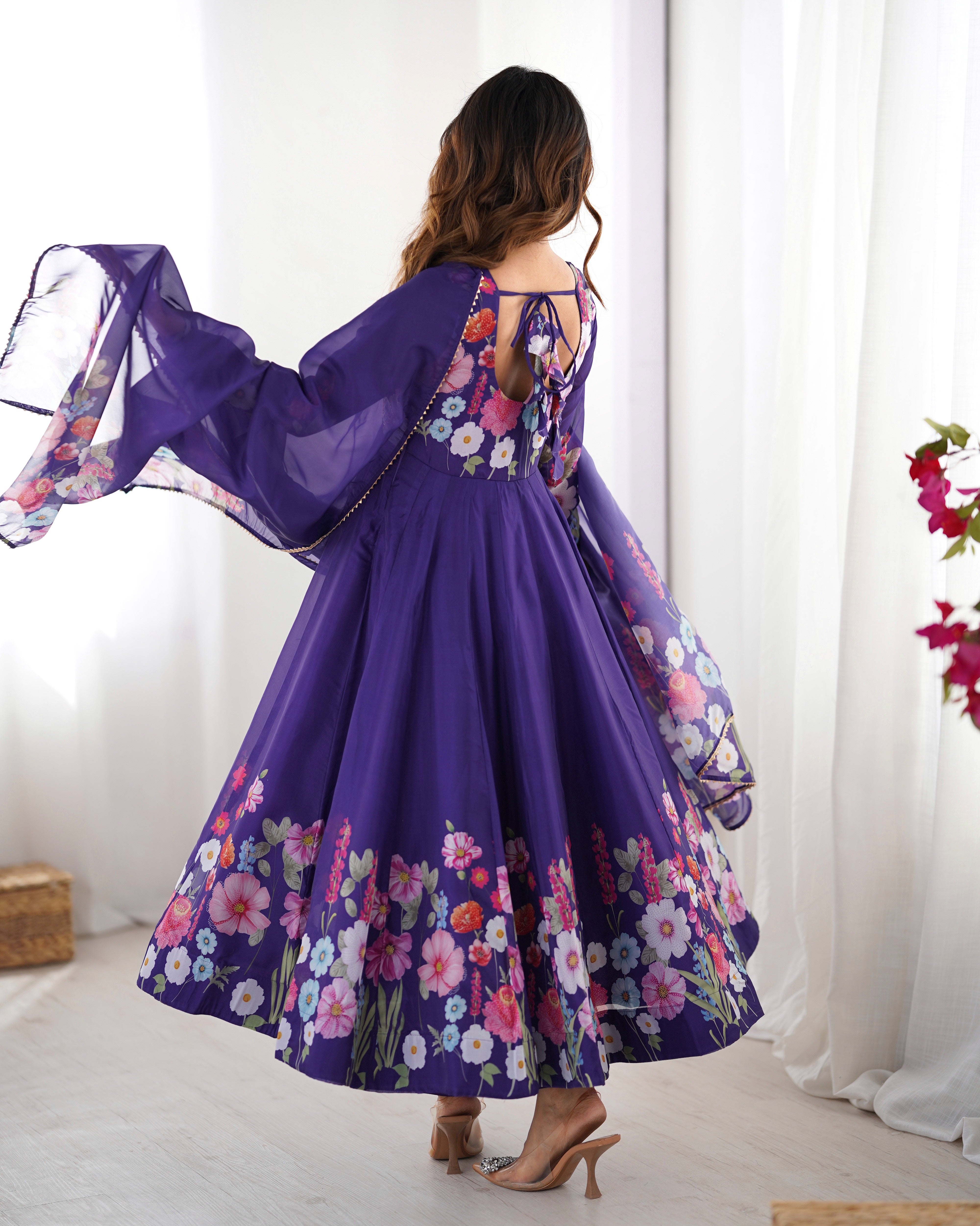 Classic Black Floral Printed Organza Anarkali Suit