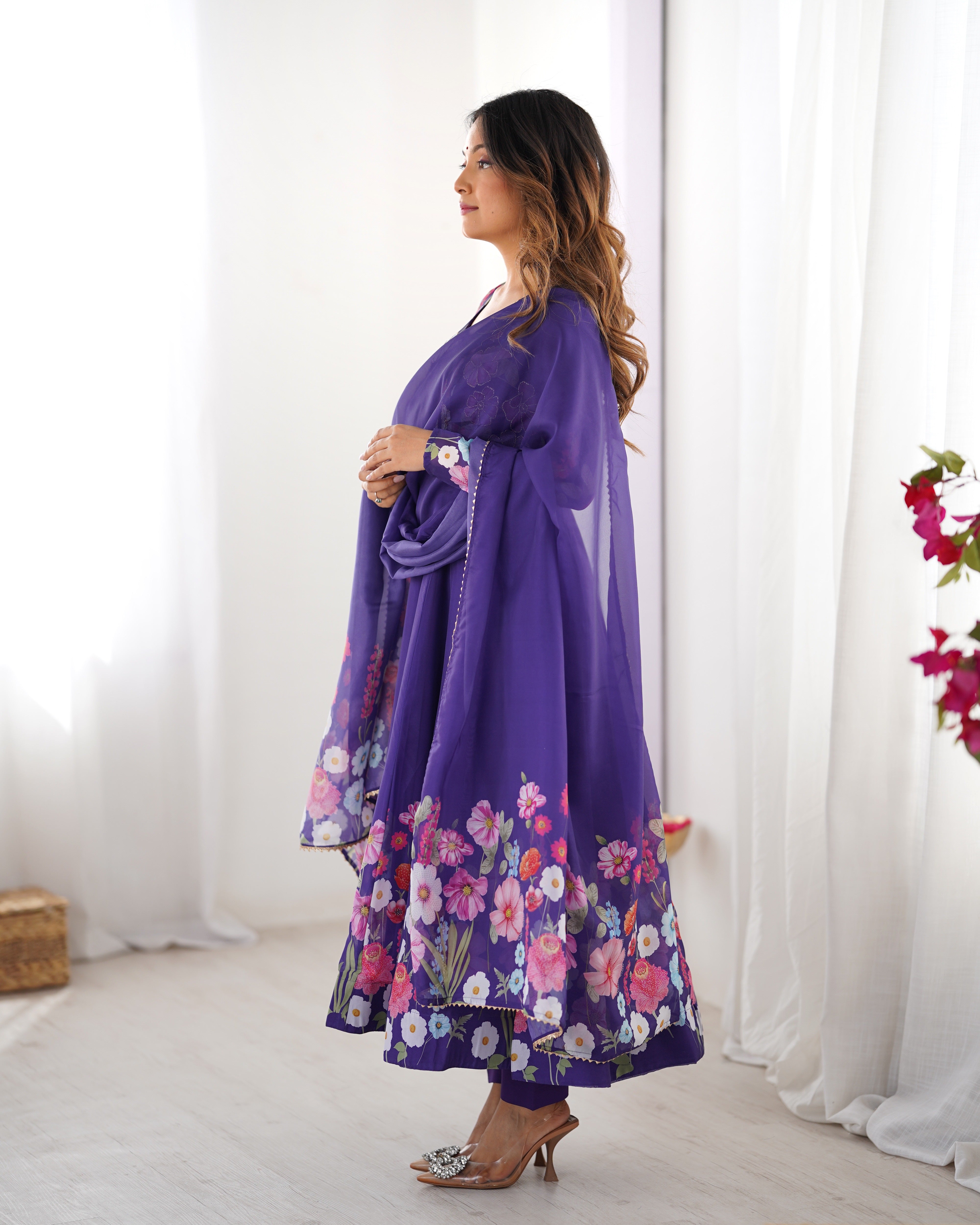 Classic Black Floral Printed Organza Anarkali Suit