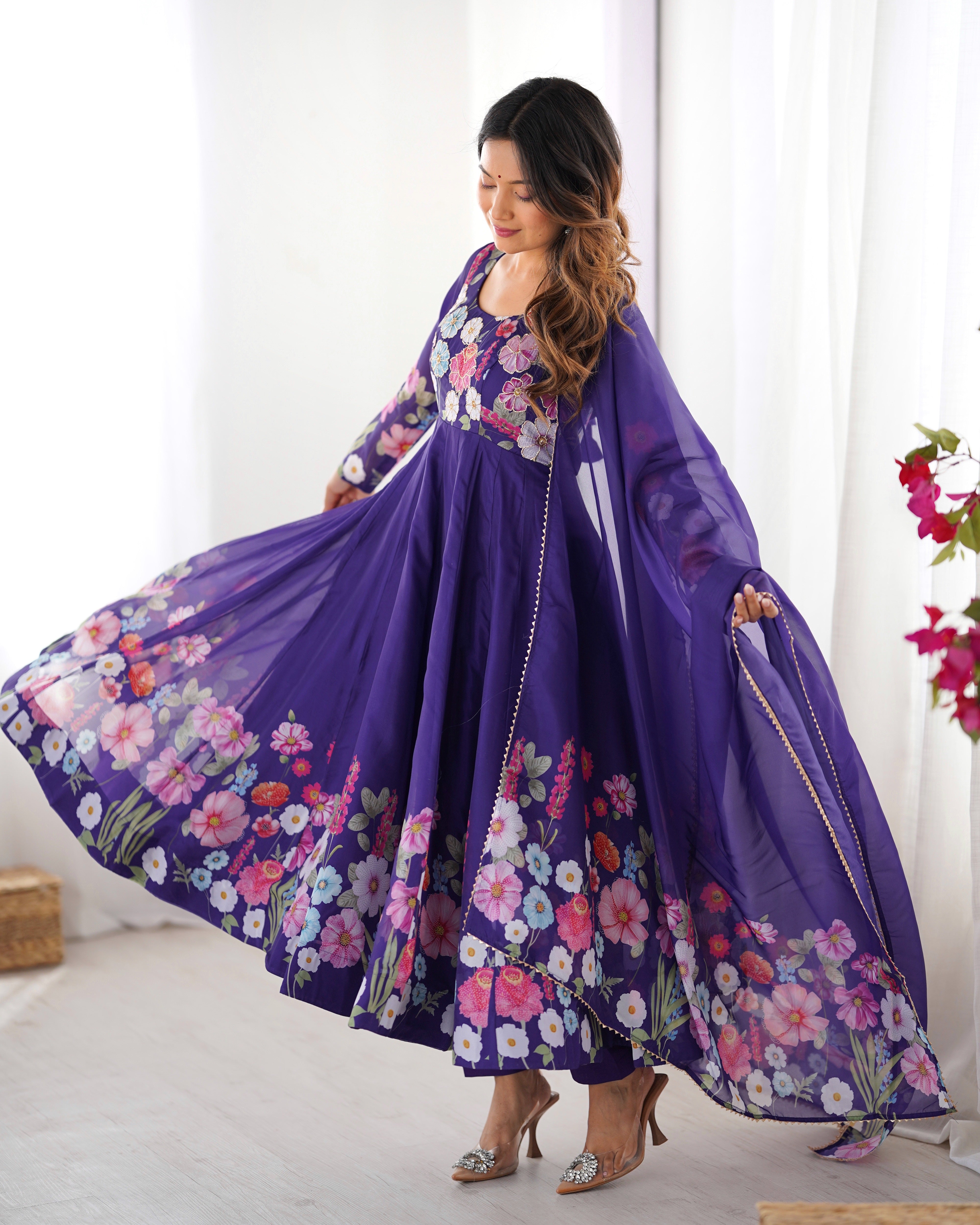 Classic Black Floral Printed Organza Anarkali Suit