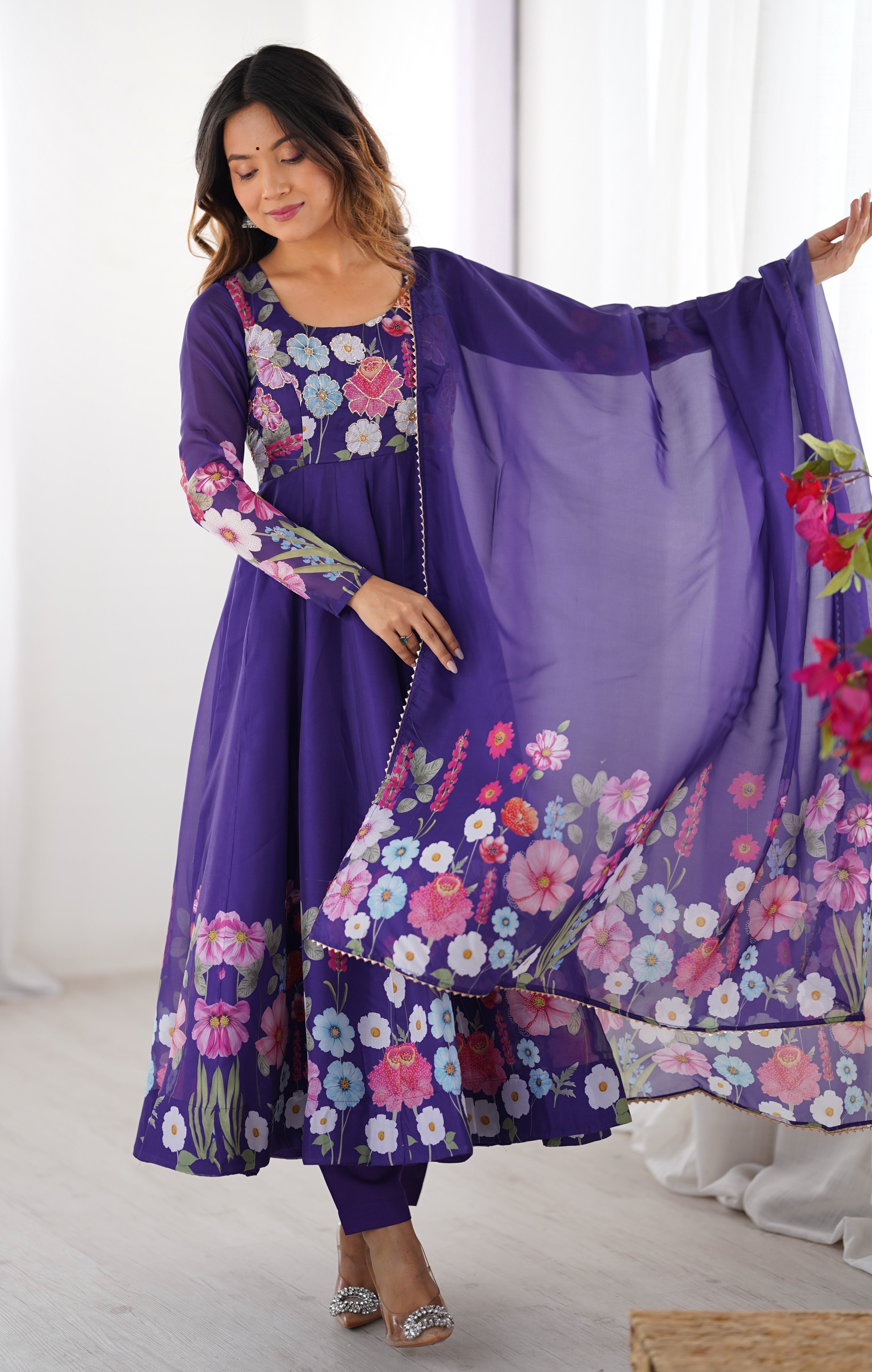 Classic Black Floral Printed Organza Anarkali Suit