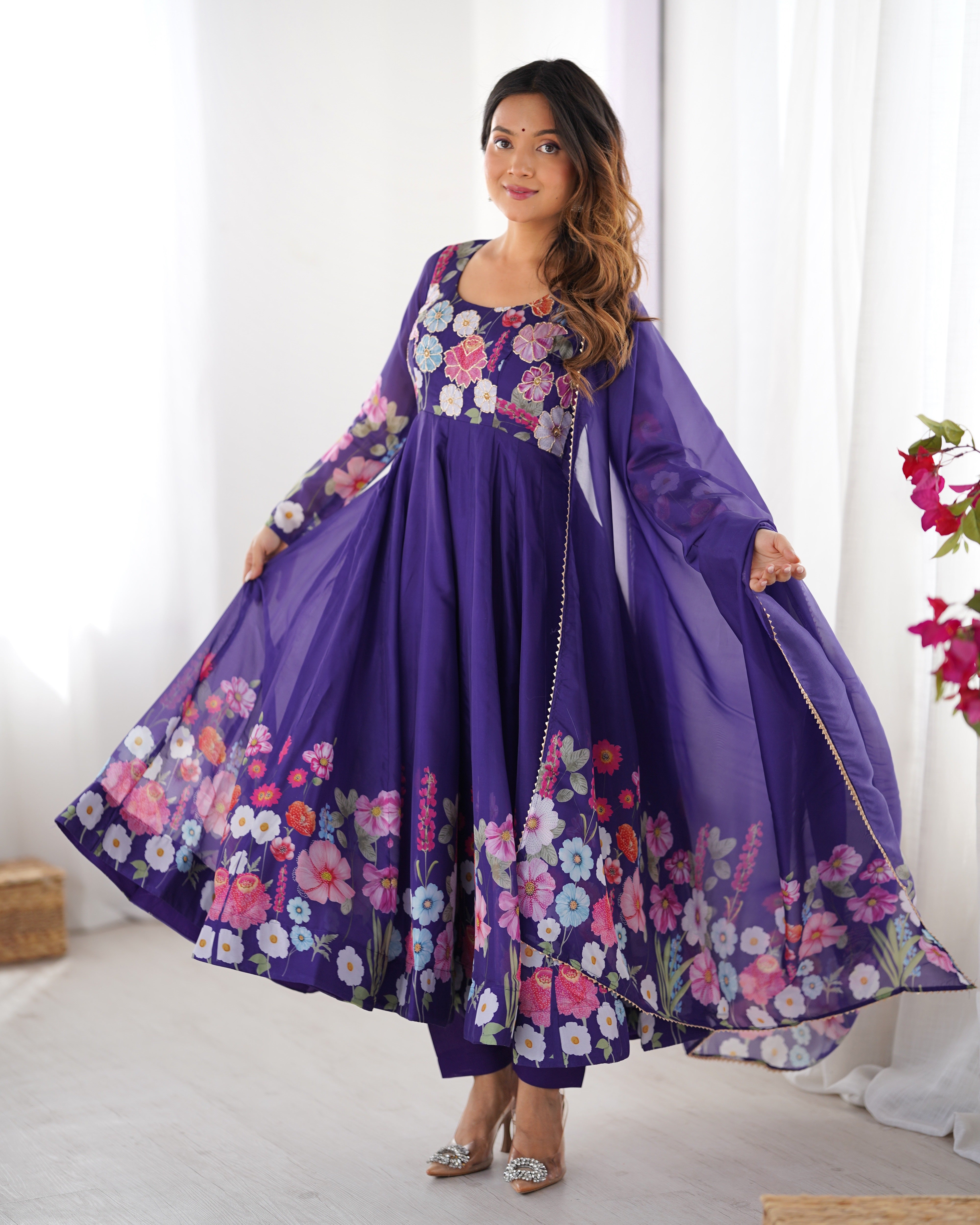 Classic Black Floral Printed Organza Anarkali Suit