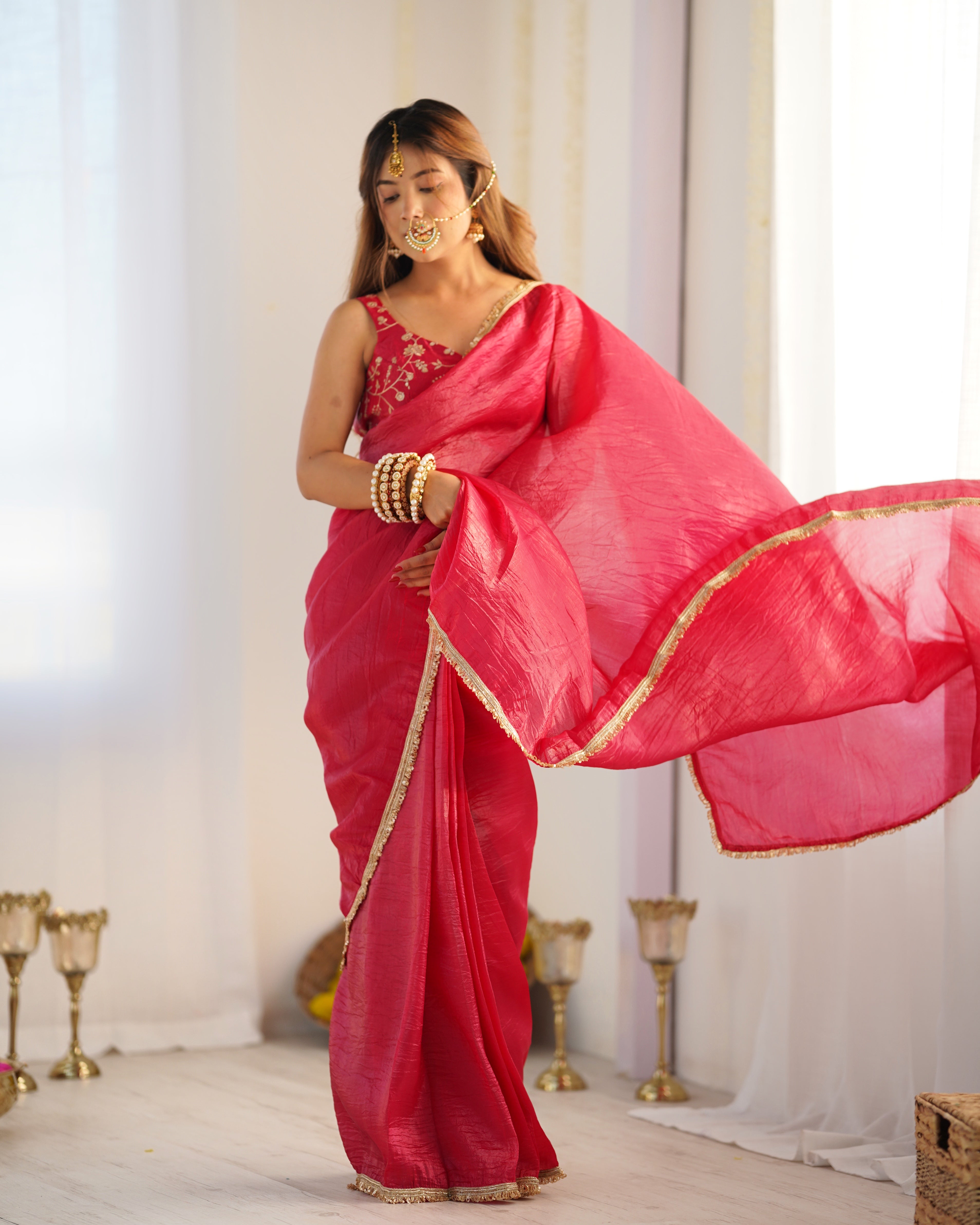 READY TO WEAR PREDRAPPED REAY TO WEAR SAREE WITH FULL STTICHED BLOUSE PREMIUM GOLD CRUSH TISSUE SILK FABRIC