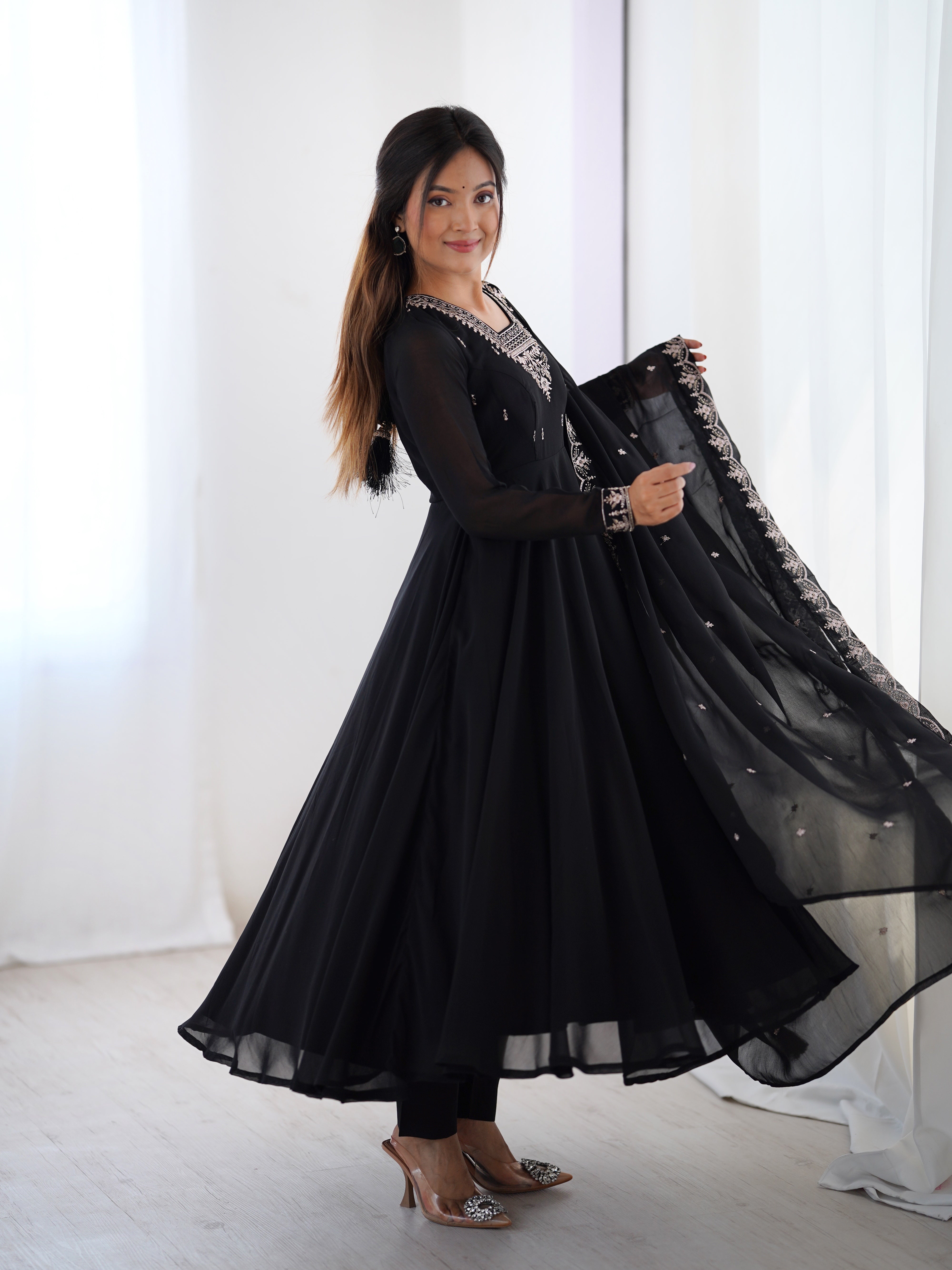 PURE SOFT FOX GEORGETTE FABRIC FULLY FLAIR ANARKALI,WITH DUPPTA SET,PENT READY TO WEAR