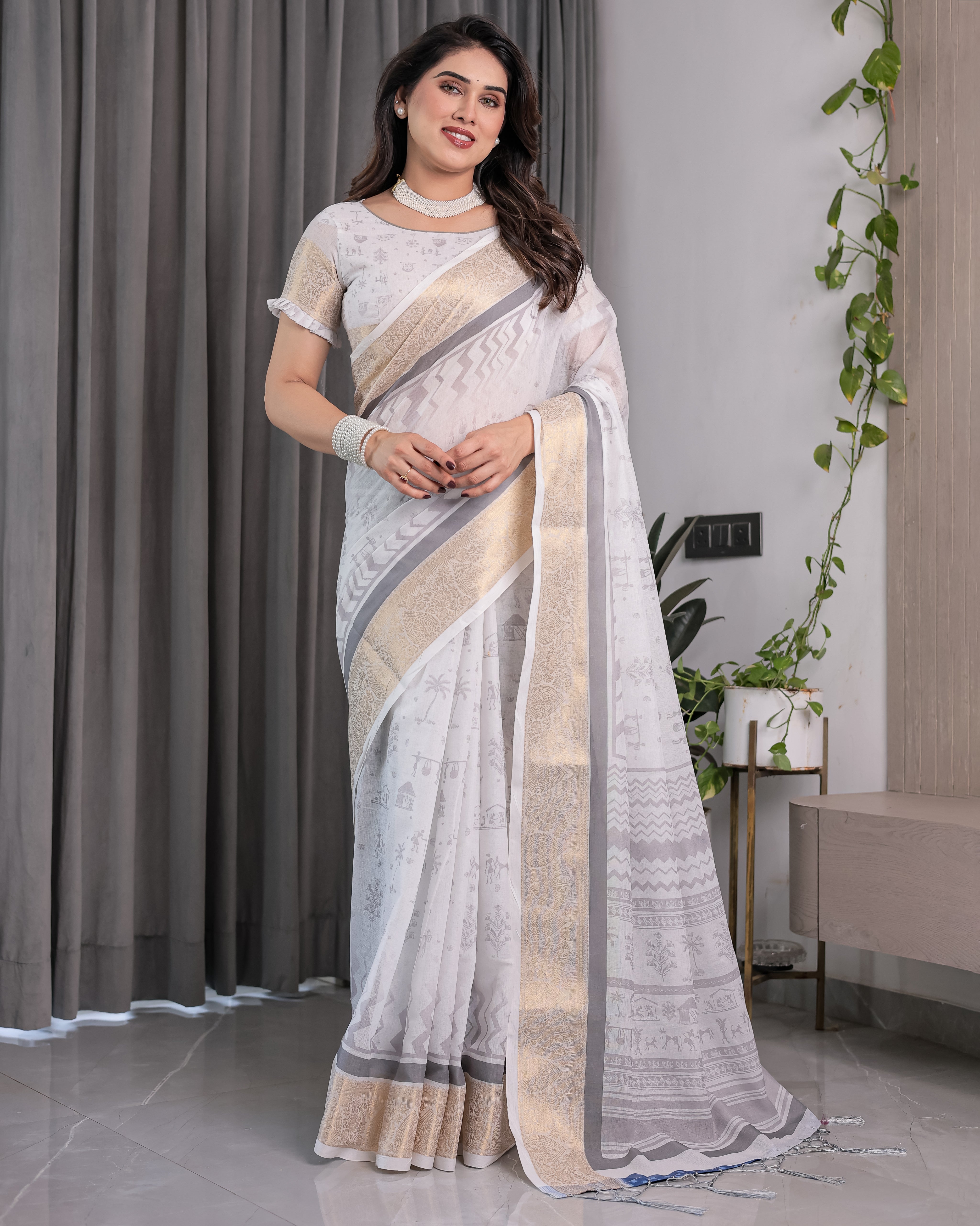 White & Grey Handloom Linen Saree with Tribal Village Print, Zari Borders & Tassel Pallu | 5.5m Saree + 0.8m Blouse