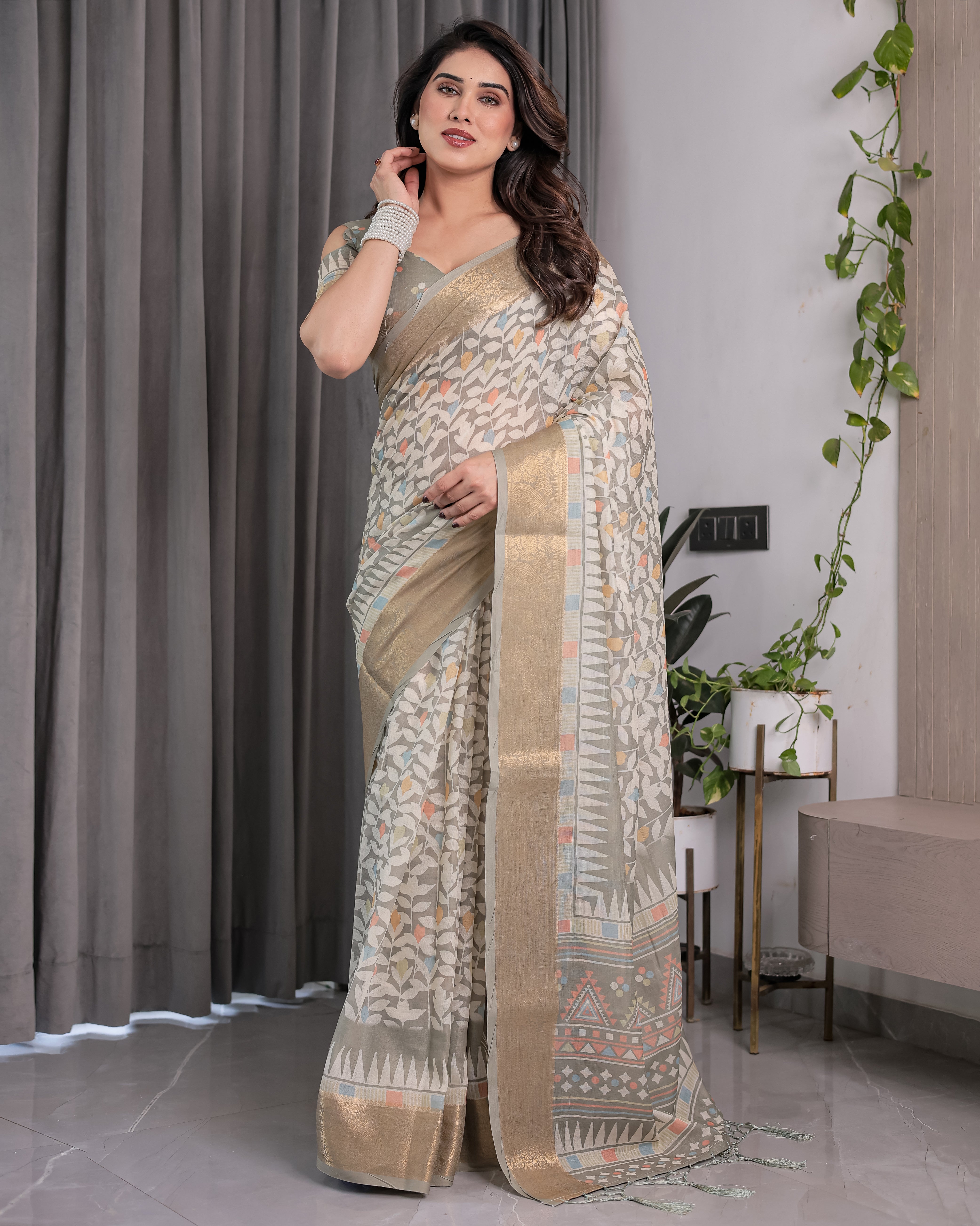 Ivory Beige Handloom Linen Saree with Multicolor Leaf Print & Tribal Geometric Pallu | Zari Border | 5.5m Saree + 0.8m Blouse with Tassels