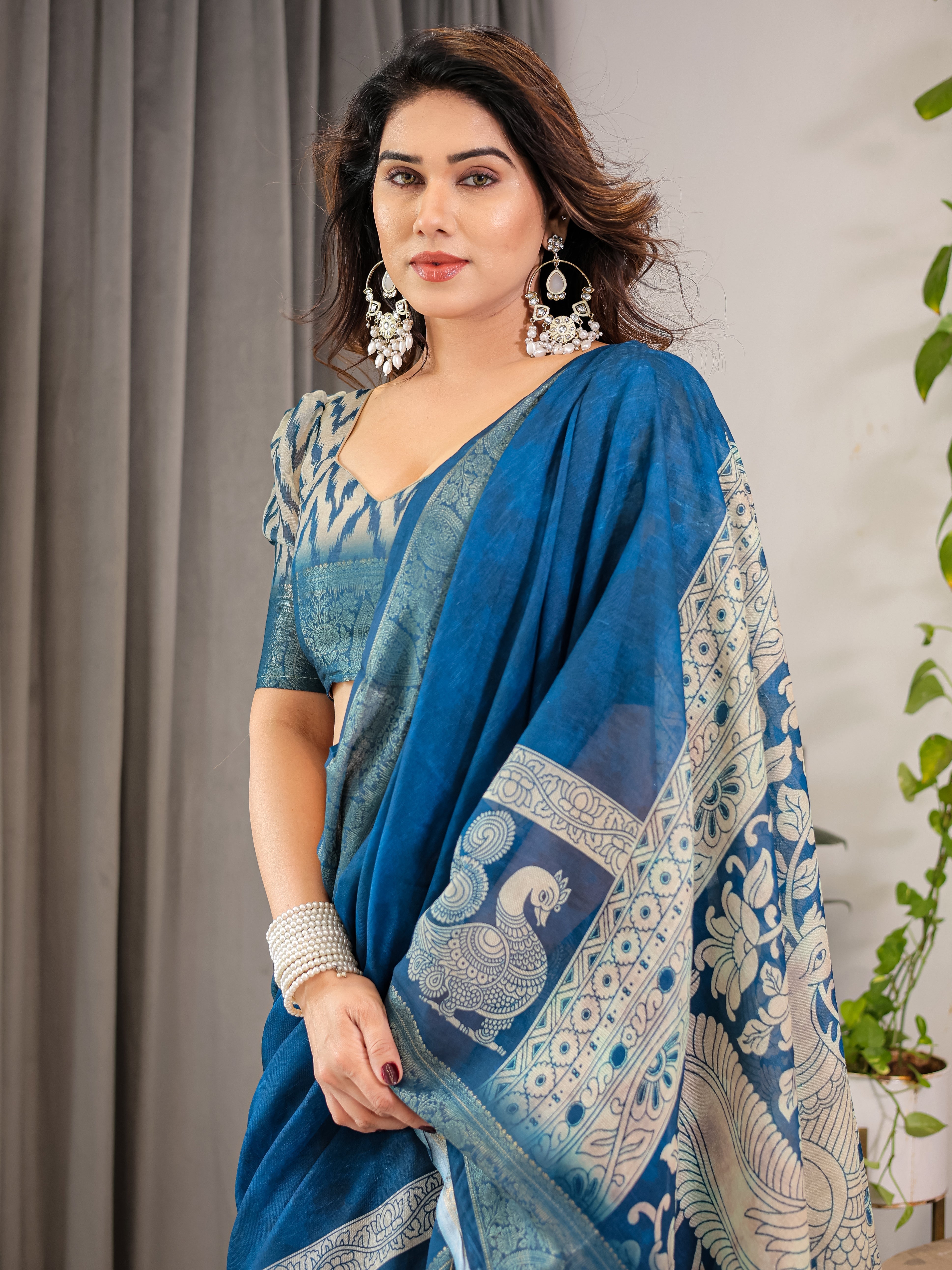 Indigo Blue Cotton Linen Saree with White Peacock Print & Zari Border | Ethnic Wear with Blouse Piece