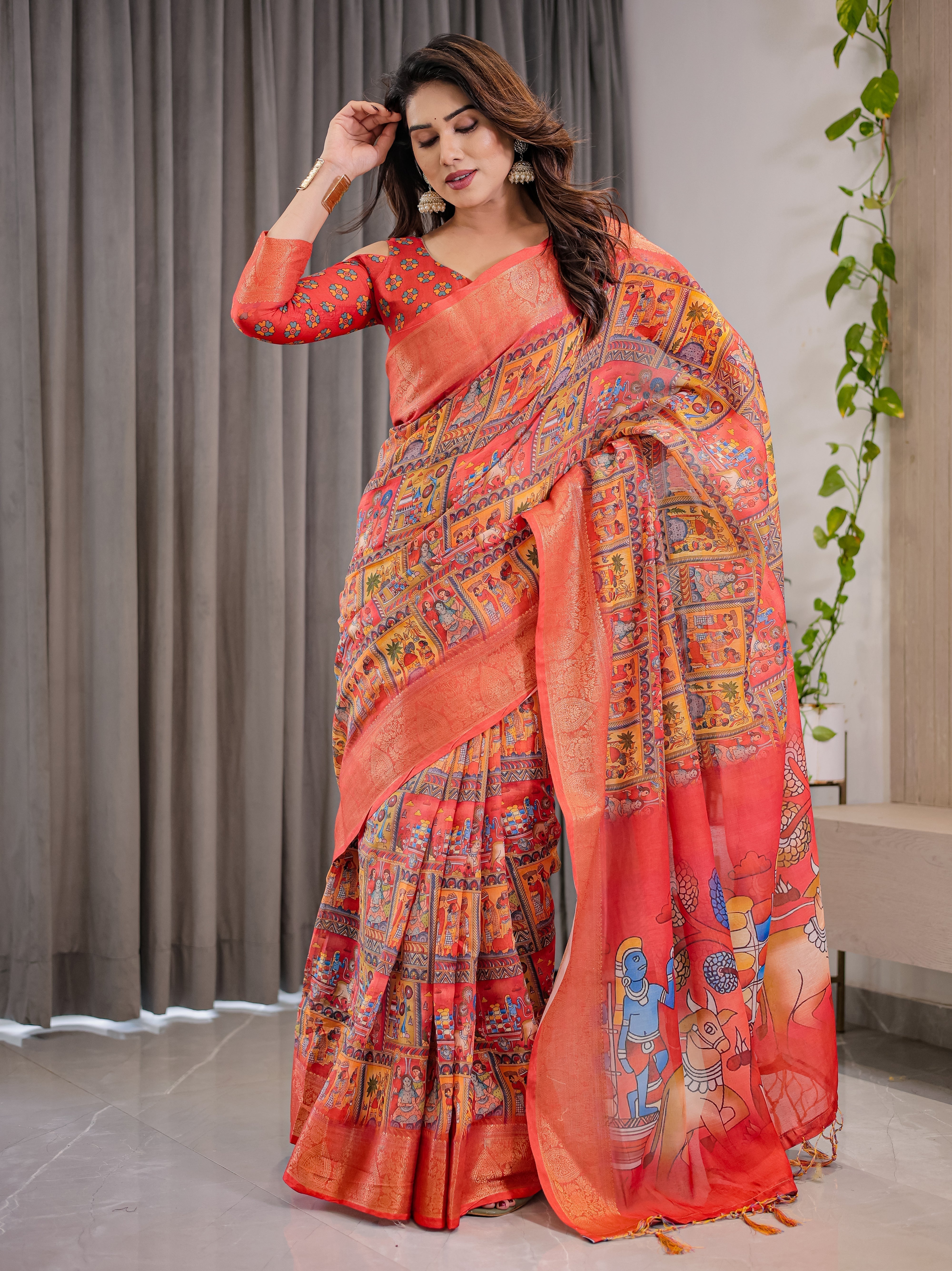 Rust Red Cotton Linen Saree with Madhubani Folk Art Pallu & Zari Border | Ethnic Digital Print | With Blouse Piece