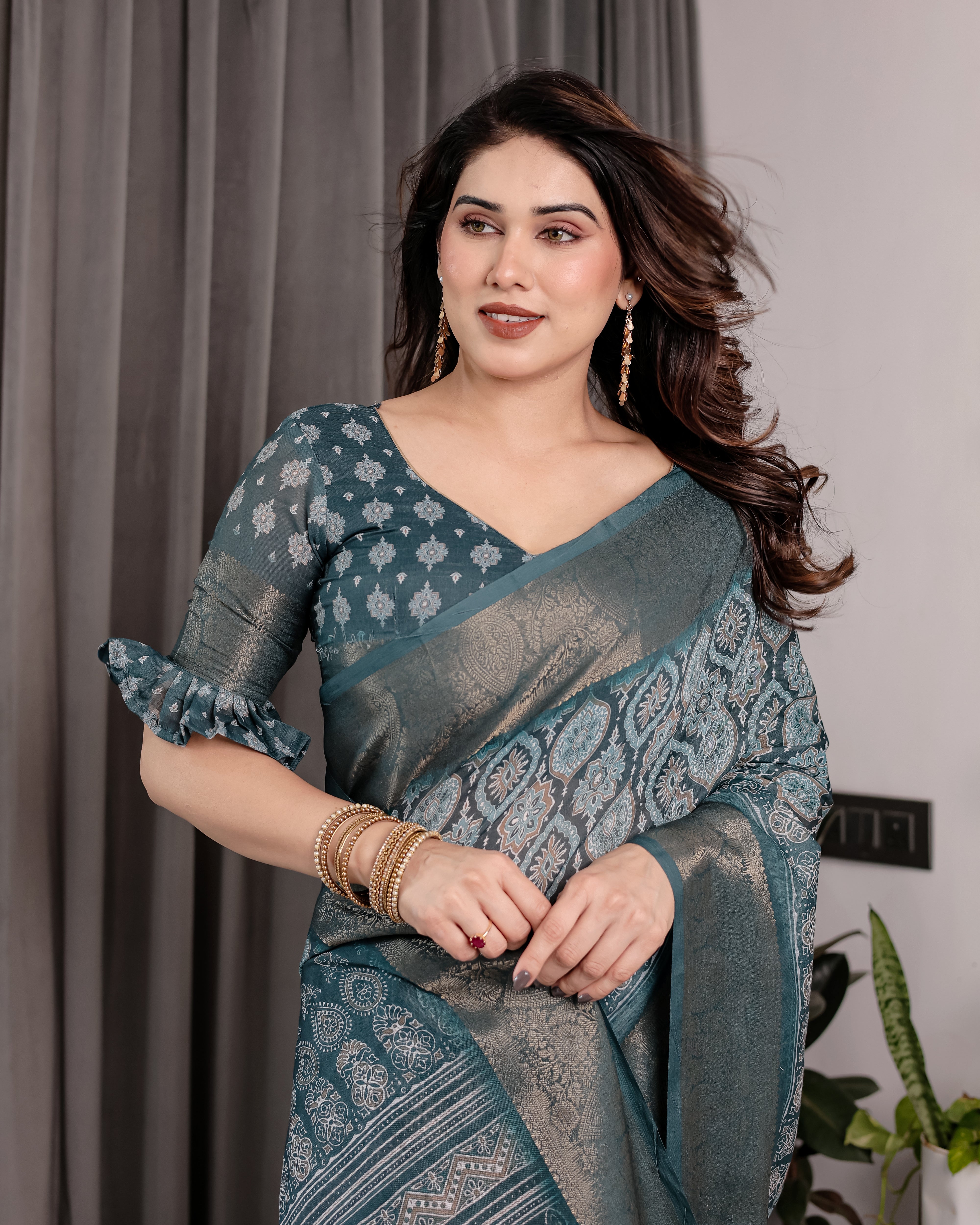 Teal Blue Pure Handloom Linen Saree with Ethnic Mandala Prints & Zari Border | Rich Pallu with Tassels | 5.5m Saree + 0.8m Blouse