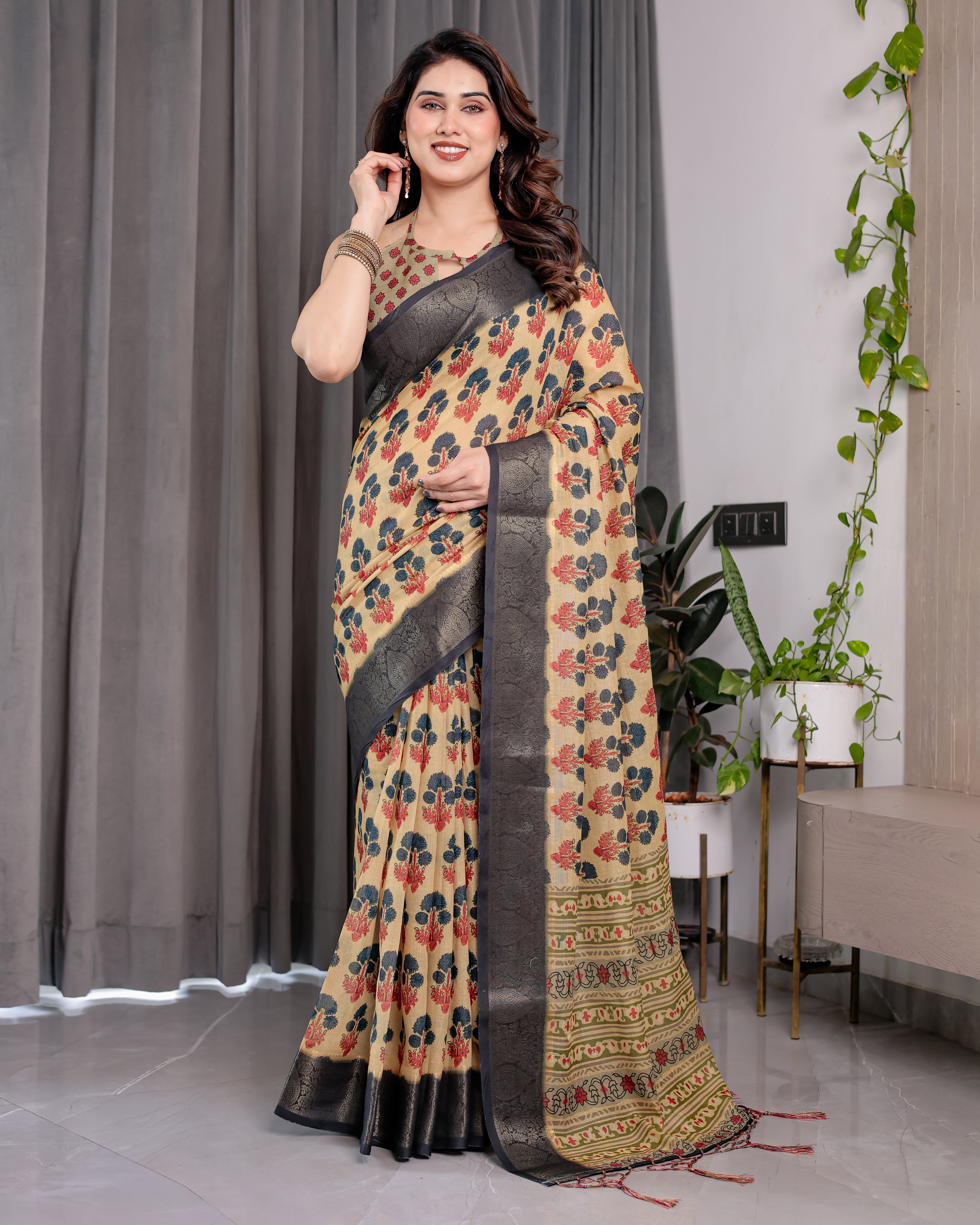 Beige Handloom Linen Saree with Red-Blue Floral Buttas & Ethnic Pallu | Antique Black Zari Border & Tassels | Attached Blouse | 5.5m Saree + 0.8m Blouse
