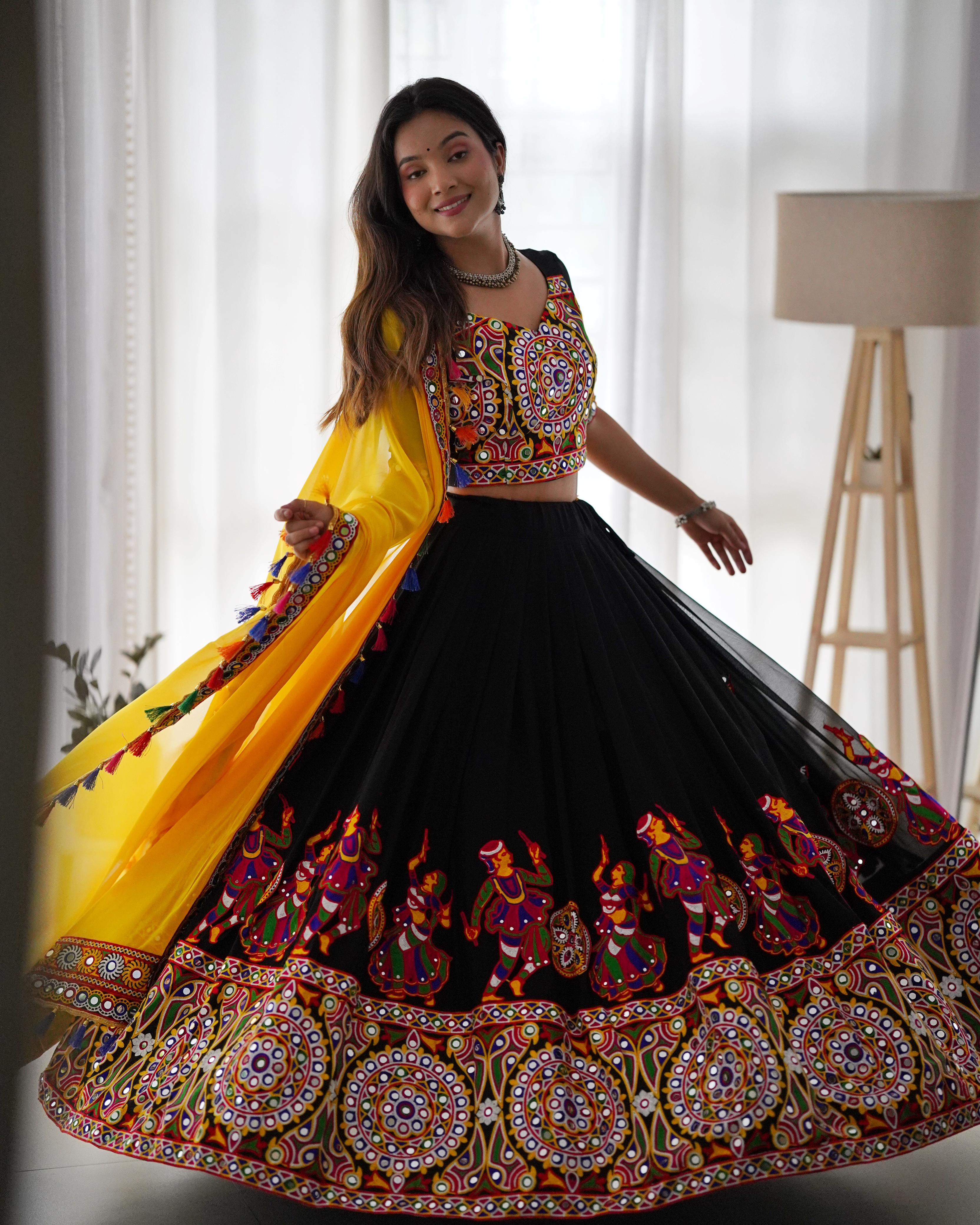 Traditional Navratri Mirror Work Lehenga Choli with Yellow Dupatta