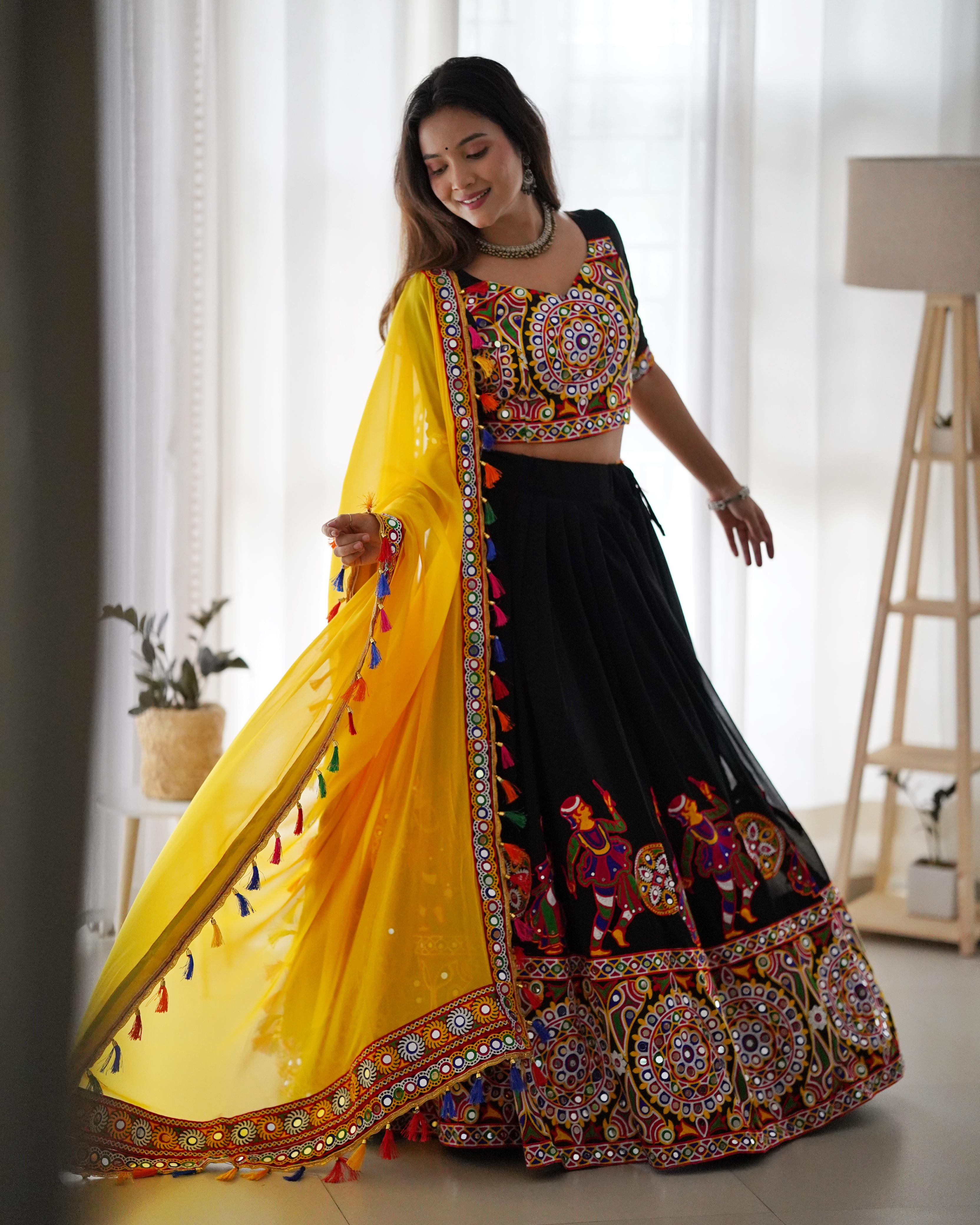 Traditional Navratri Mirror Work Lehenga Choli with Yellow Dupatta
