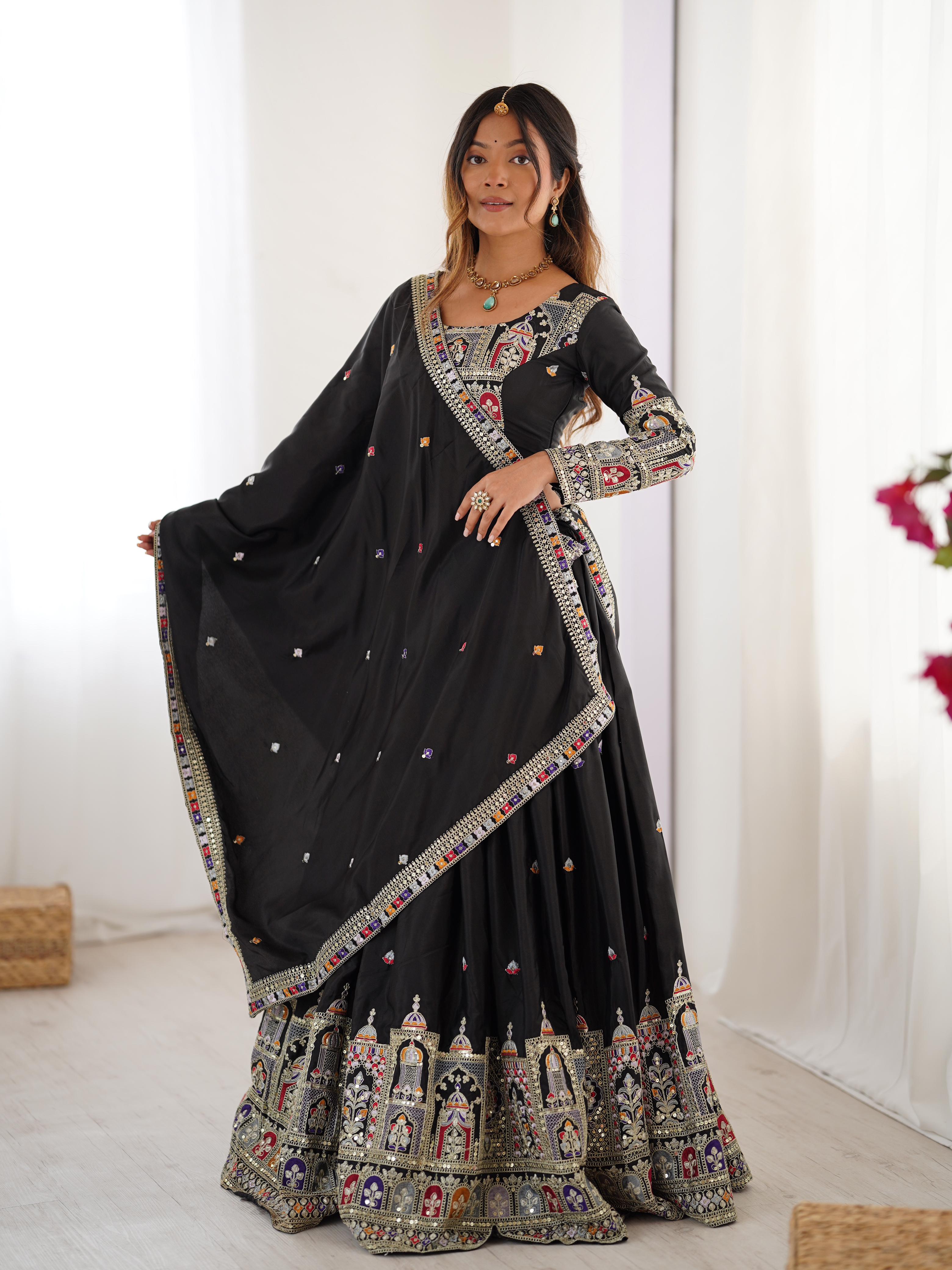 Mirror Work Lehenga with Traditional Embroidered Detailing