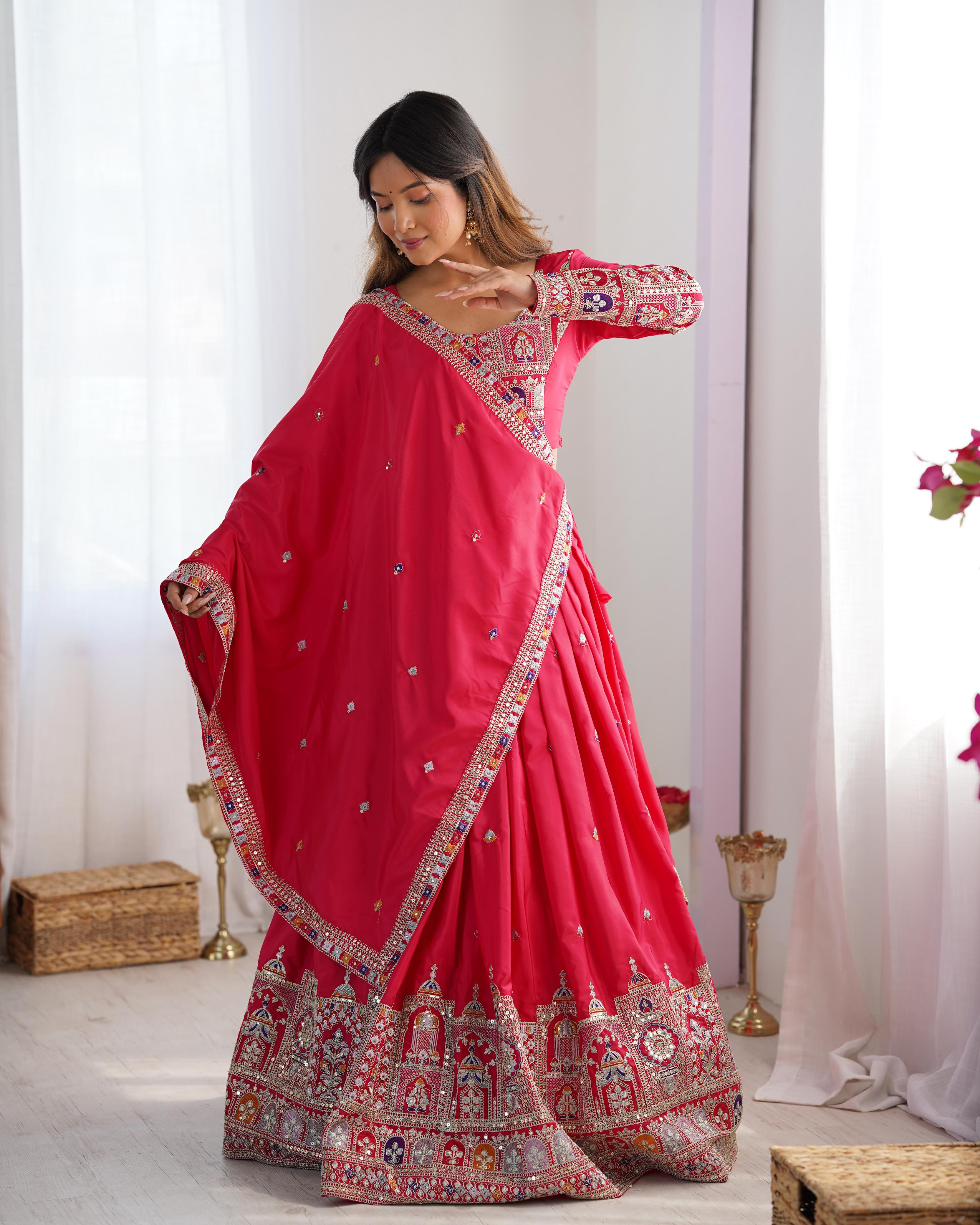 Mirror Work Lehenga with Traditional Embroidered Detailing
