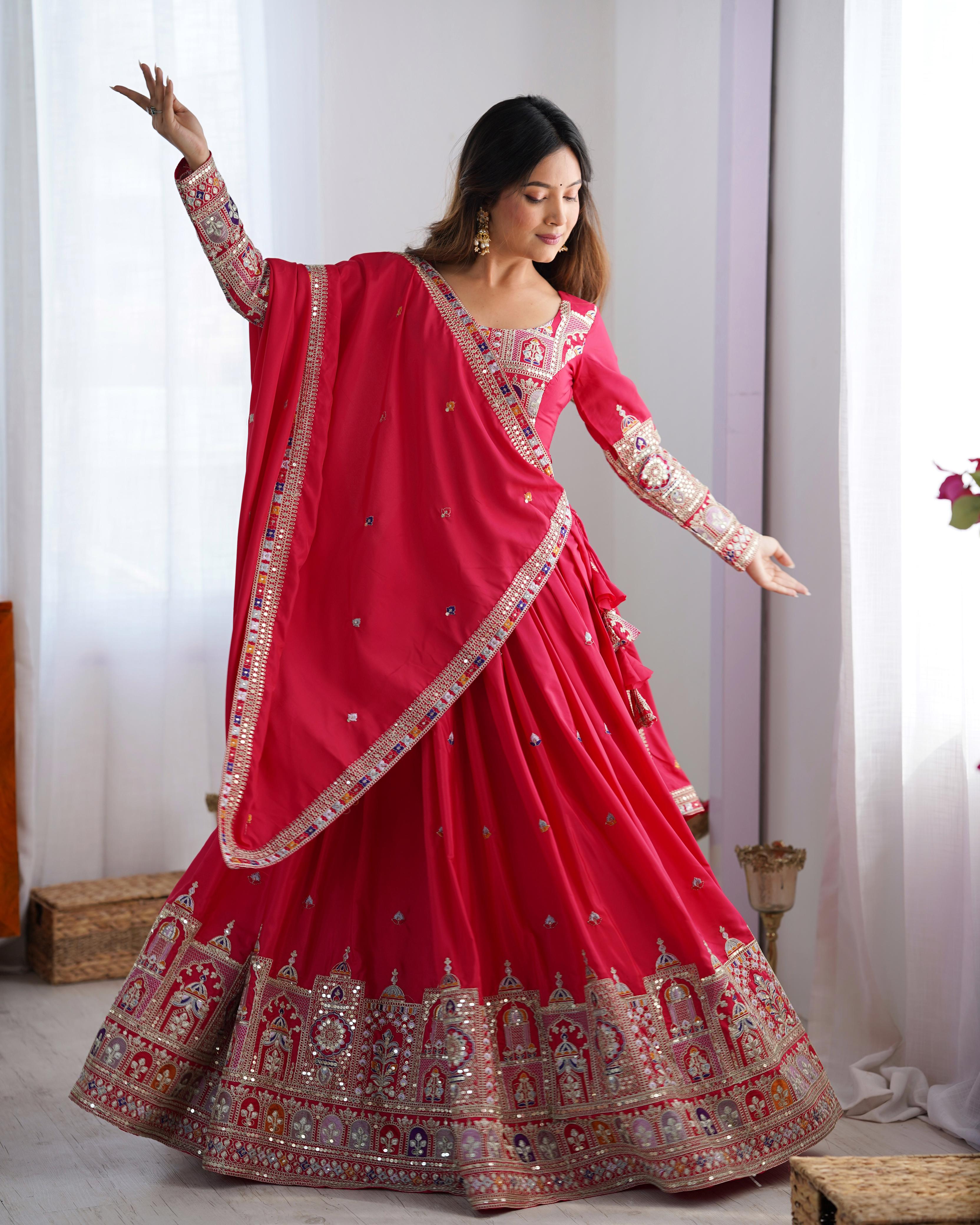 Mirror Work Lehenga with Traditional Embroidered Detailing