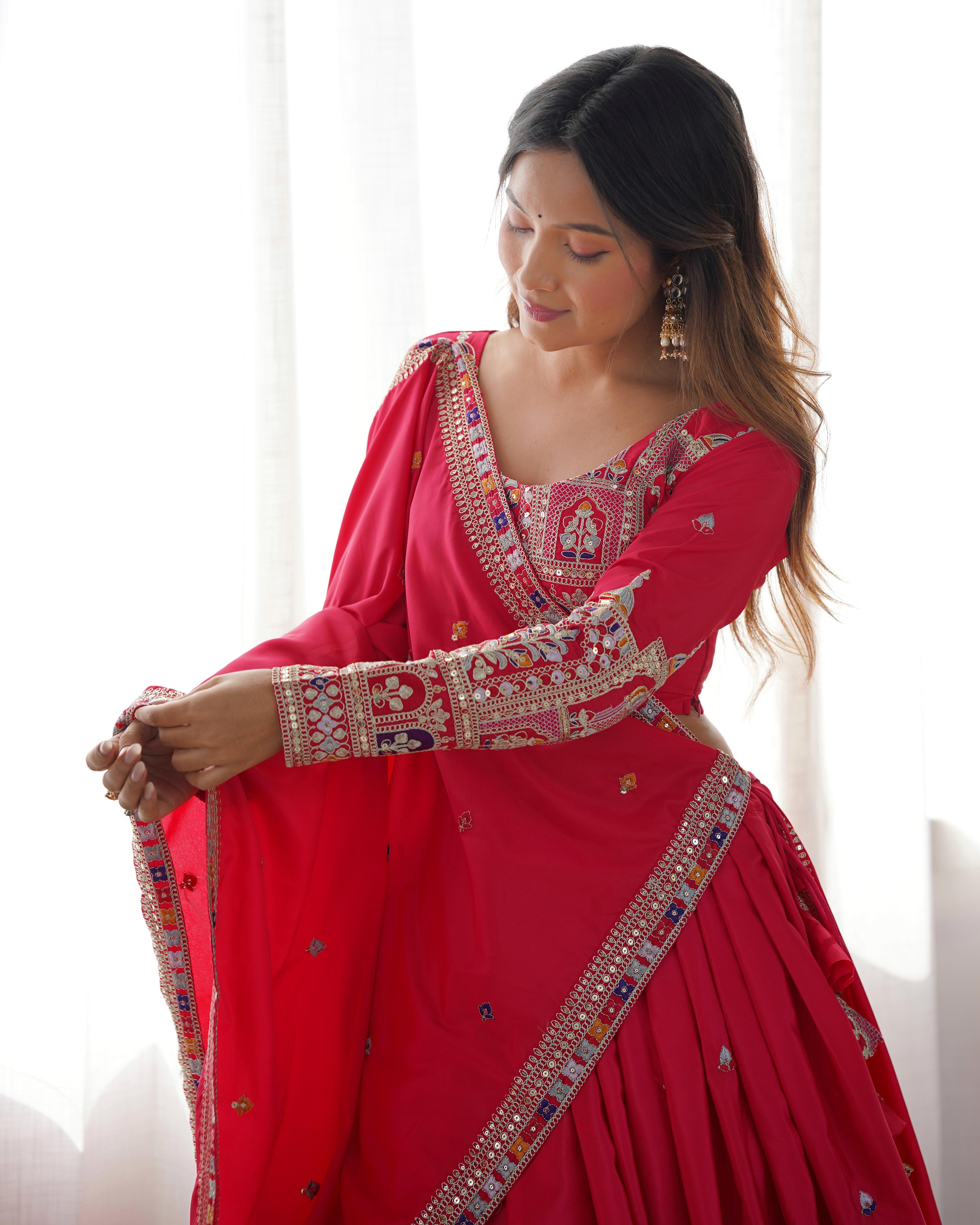 Mirror Work Lehenga with Traditional Embroidered Detailing
