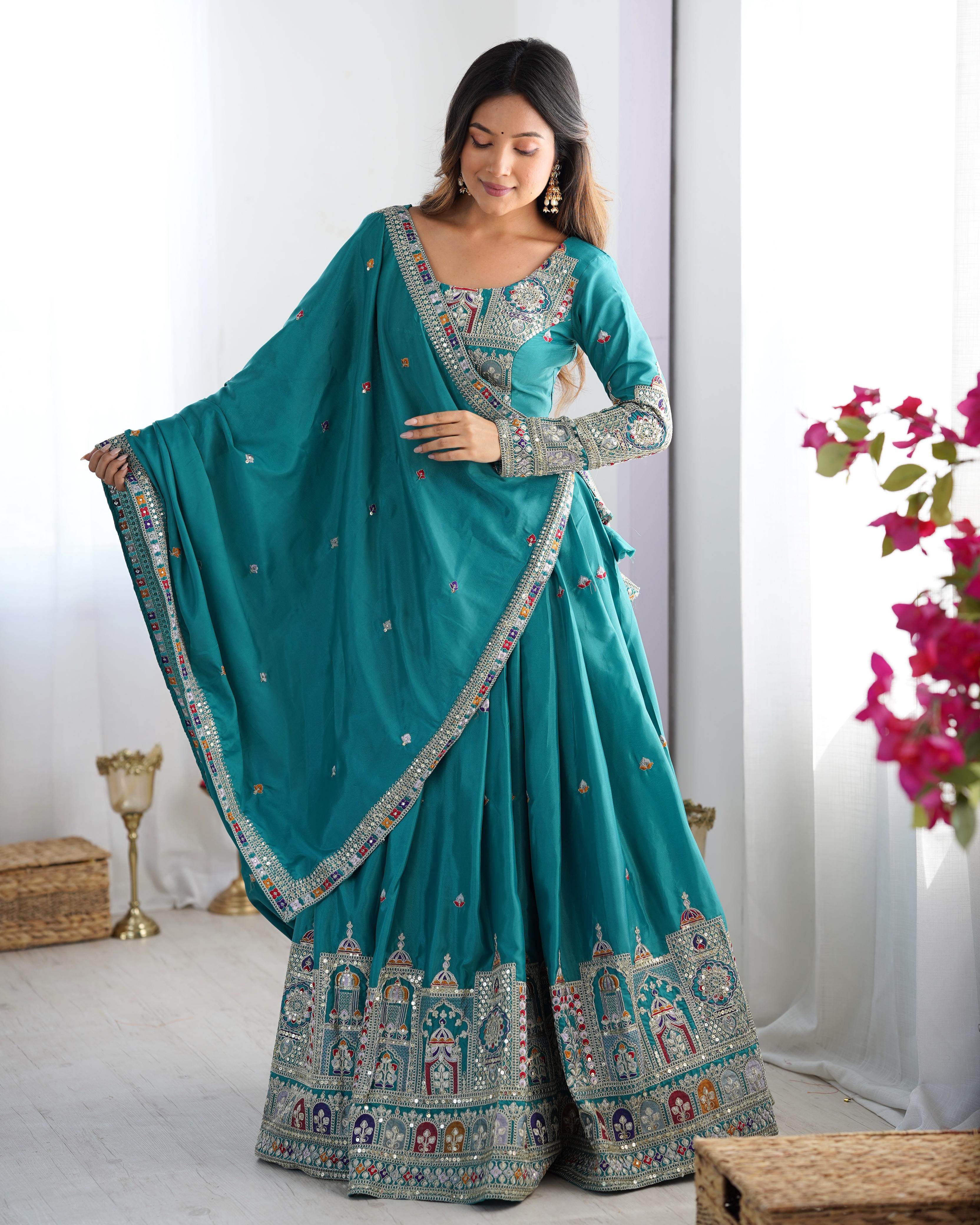 Mirror Work Lehenga with Traditional Embroidered Detailing
