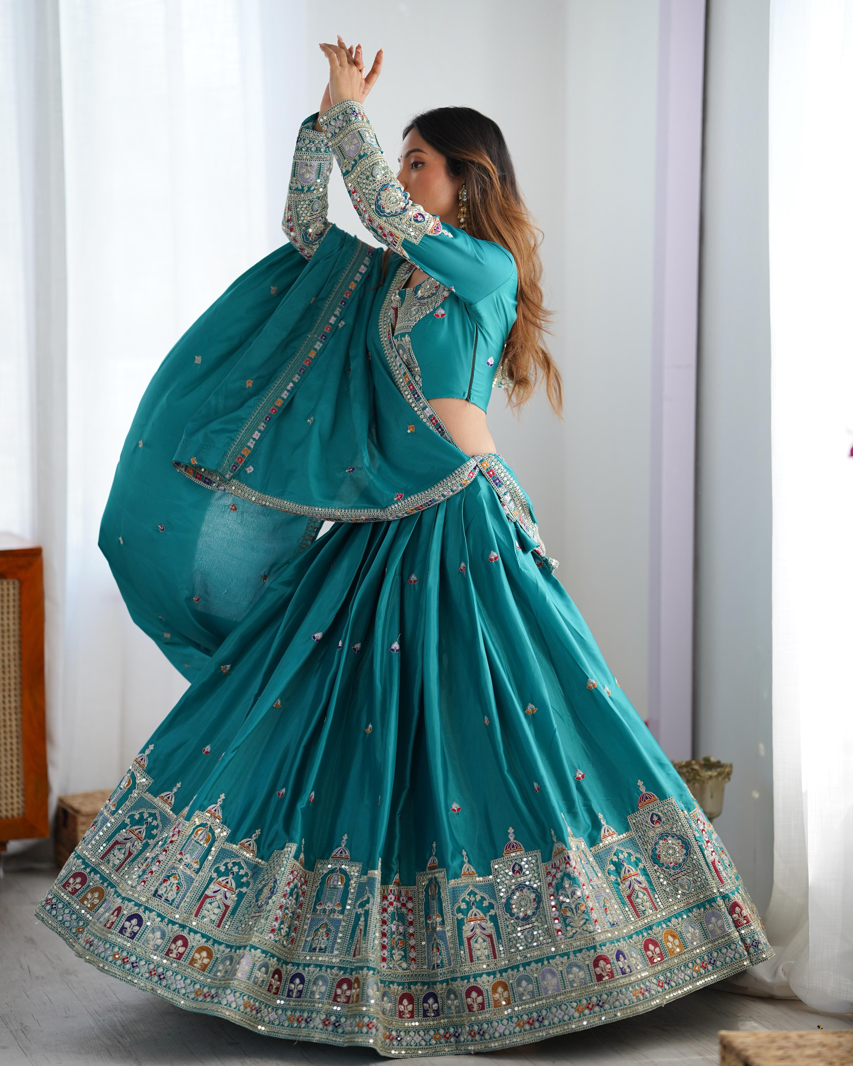 Mirror Work Lehenga with Traditional Embroidered Detailing