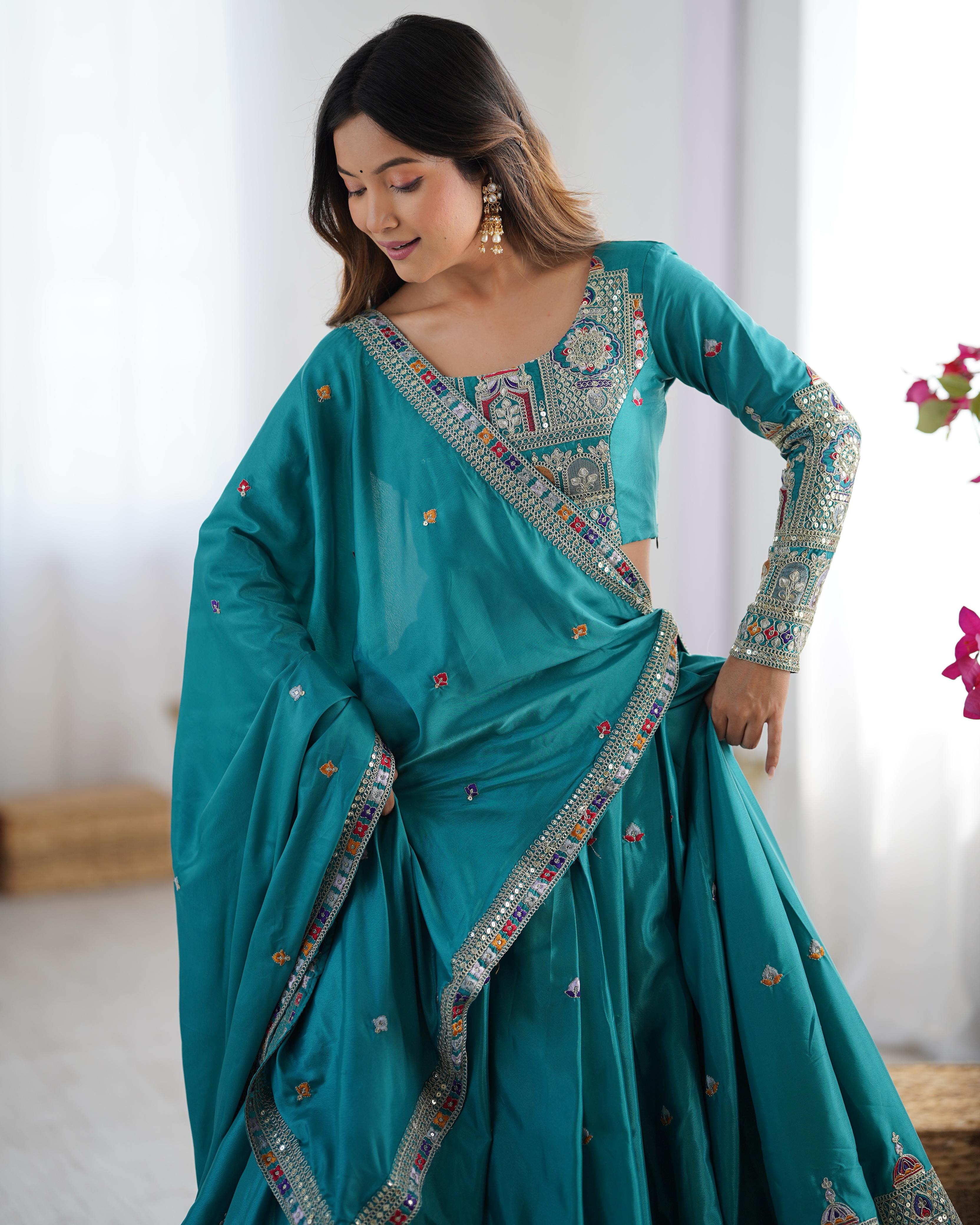 Mirror Work Lehenga with Traditional Embroidered Detailing