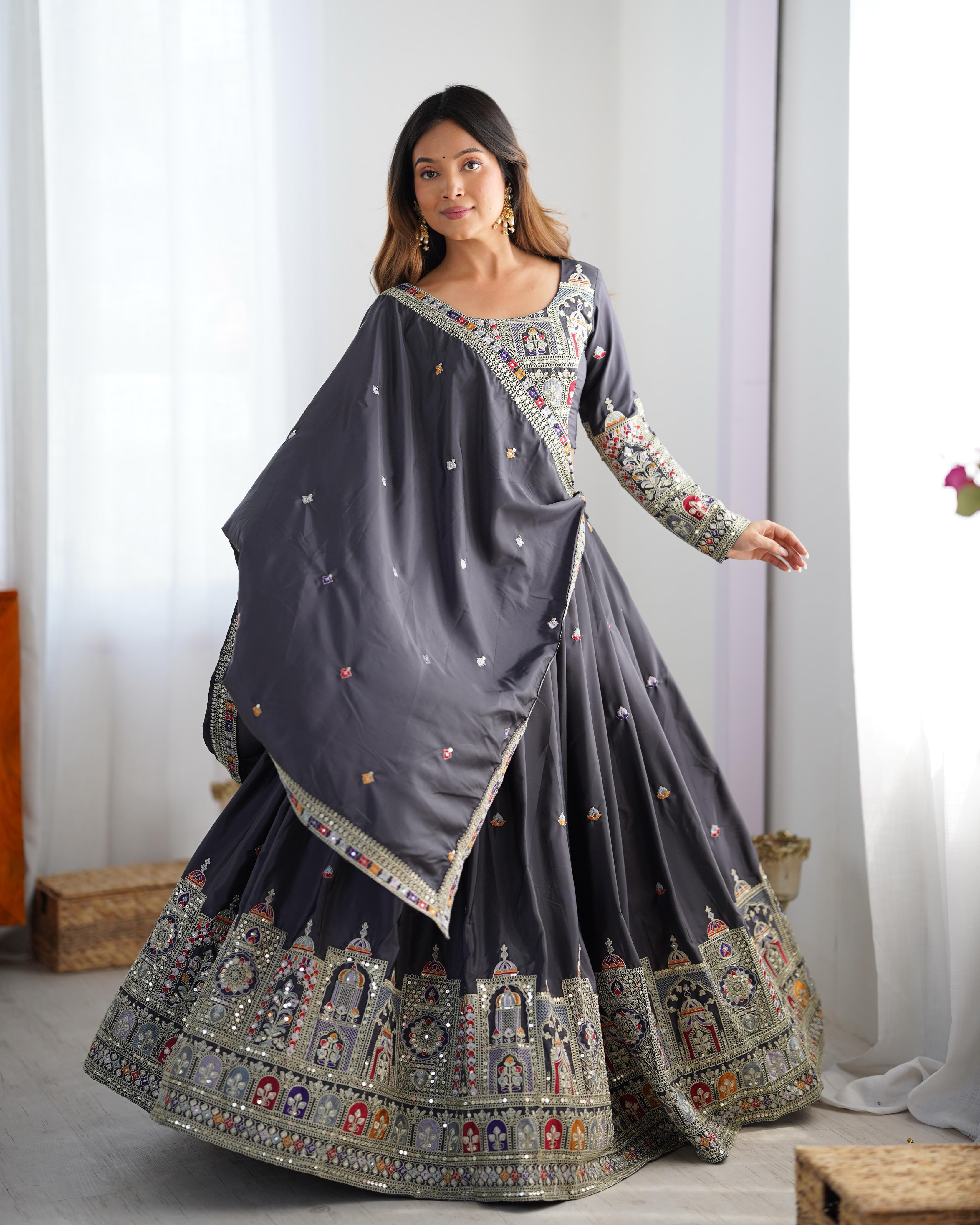 Mirror Work Lehenga with Traditional Embroidered Detailing