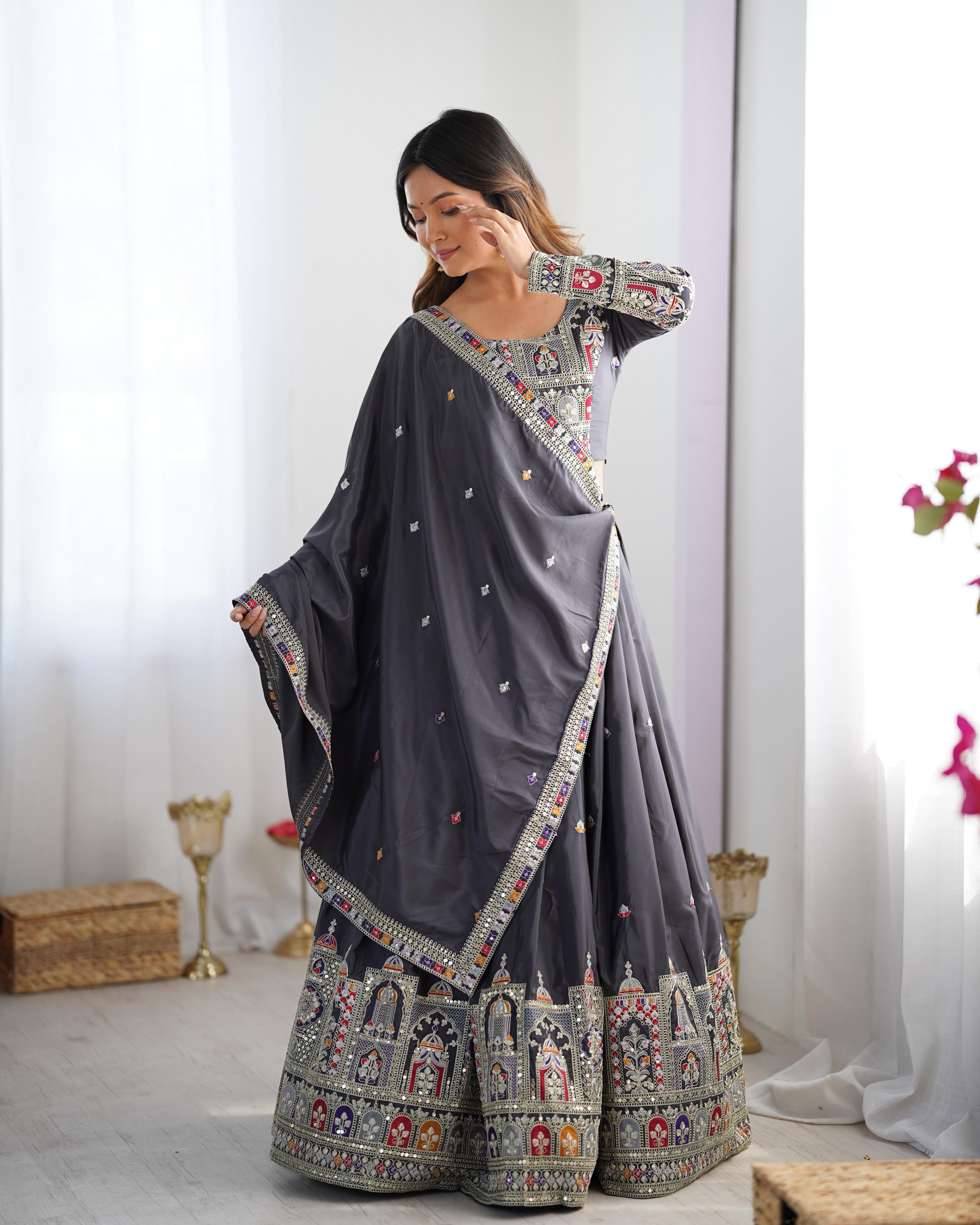 Mirror Work Lehenga with Traditional Embroidered Detailing