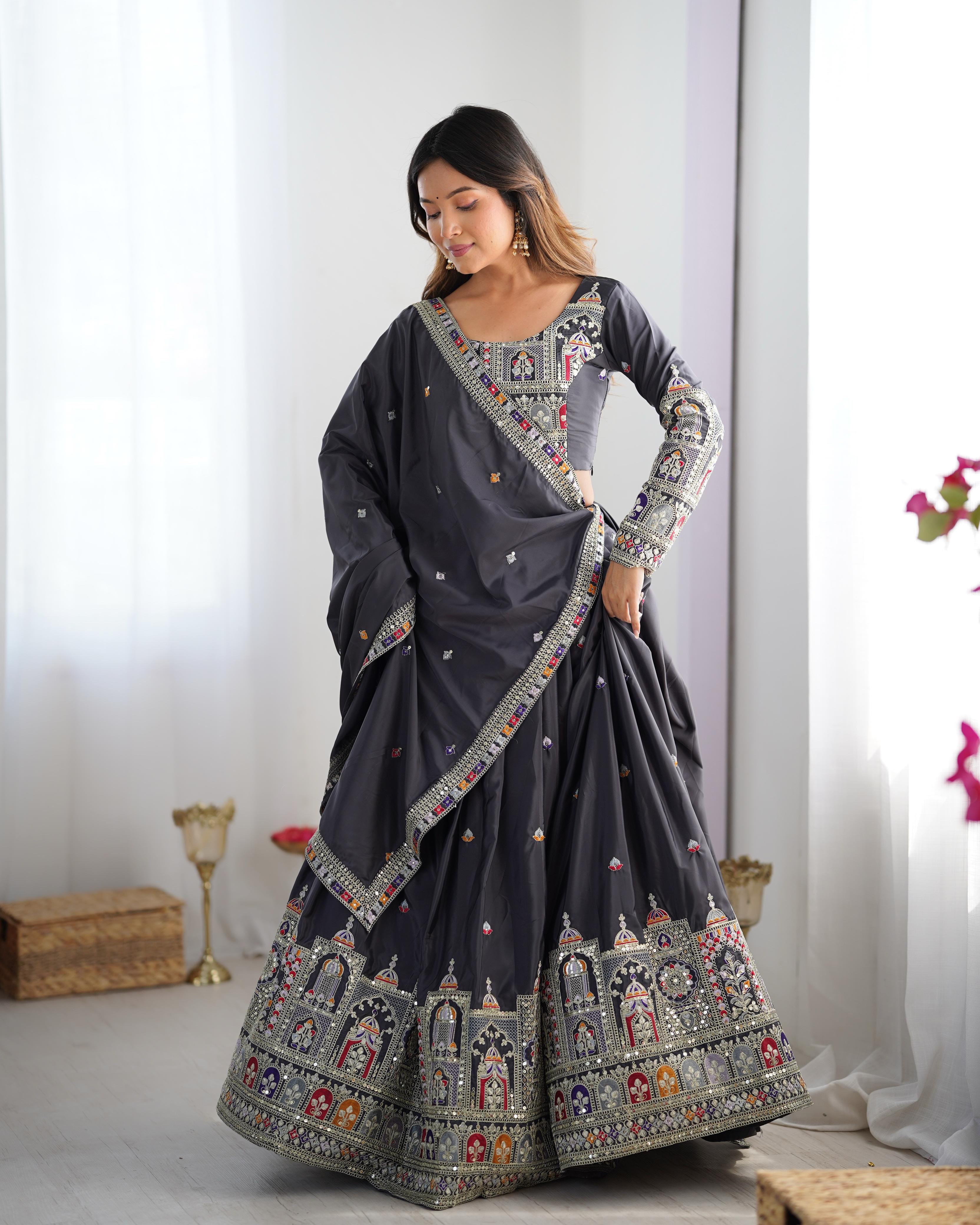 Mirror Work Lehenga with Traditional Embroidered Detailing