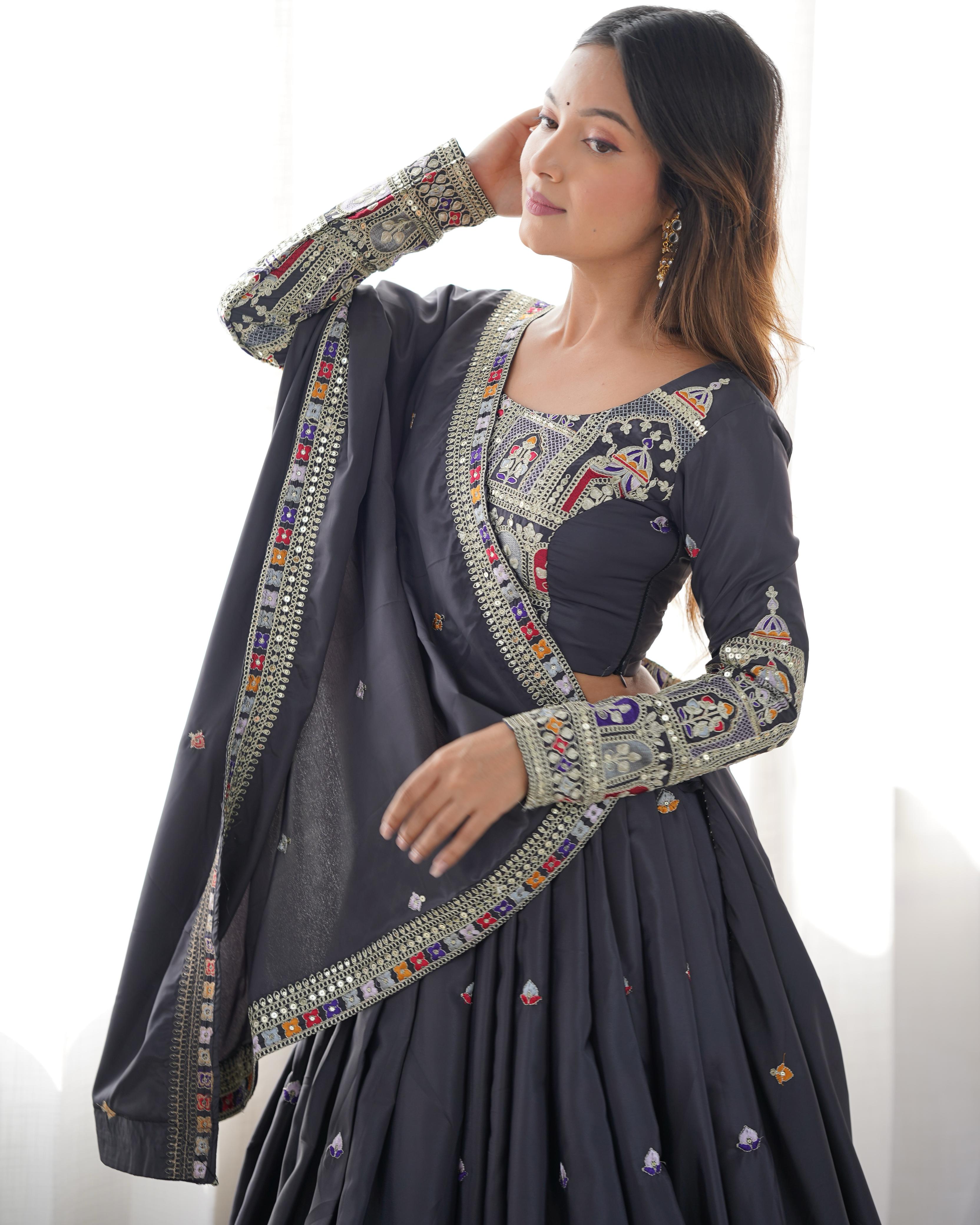 Mirror Work Lehenga with Traditional Embroidered Detailing