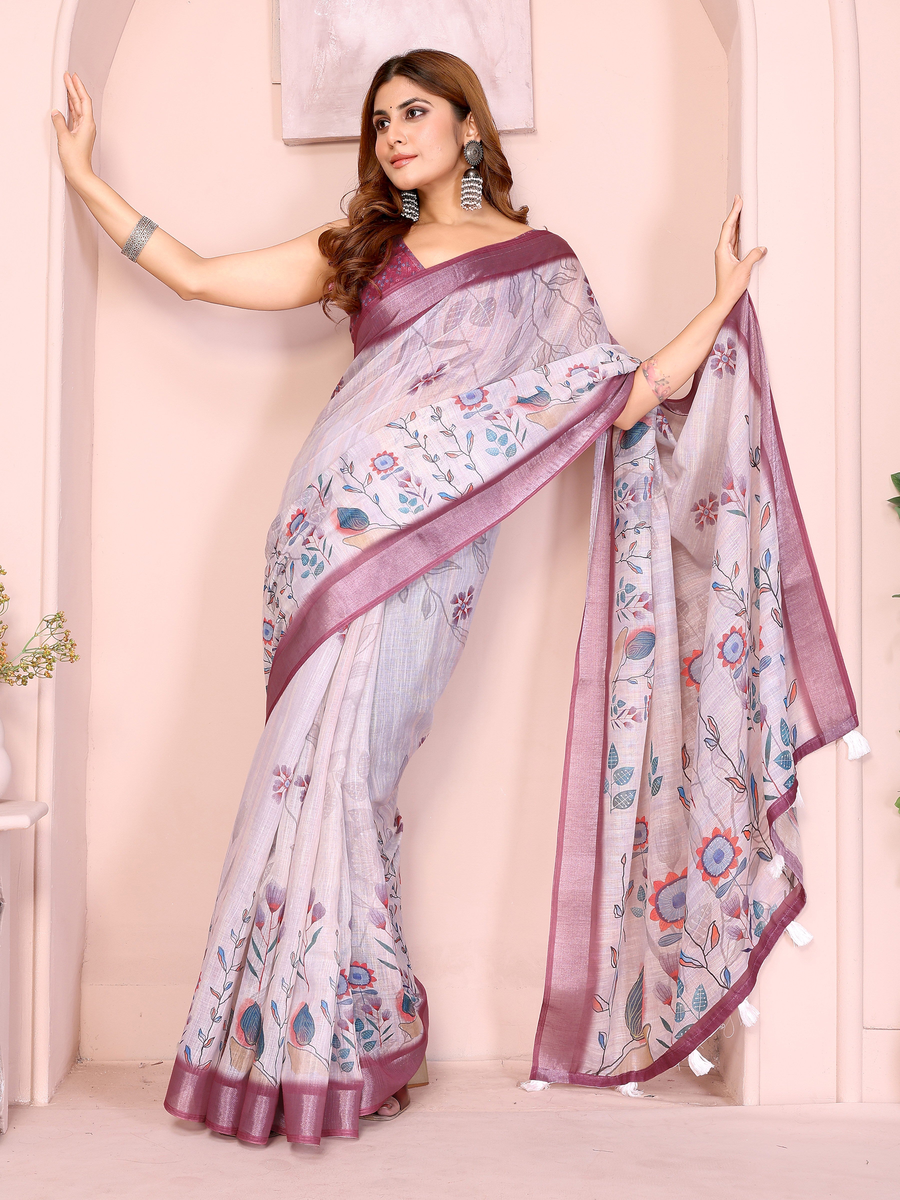 Elegant Linen Cotton Saree with Floral Motifs