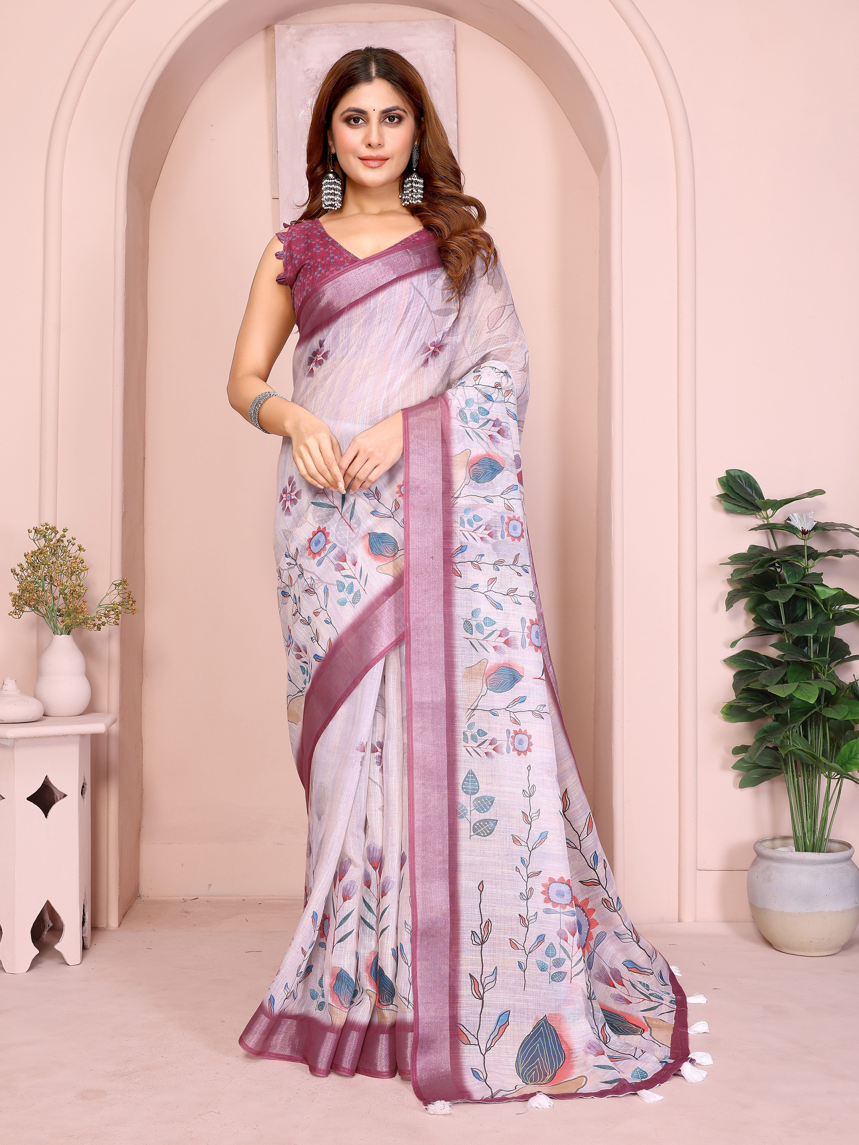 Elegant Linen Cotton Saree with Floral Motifs