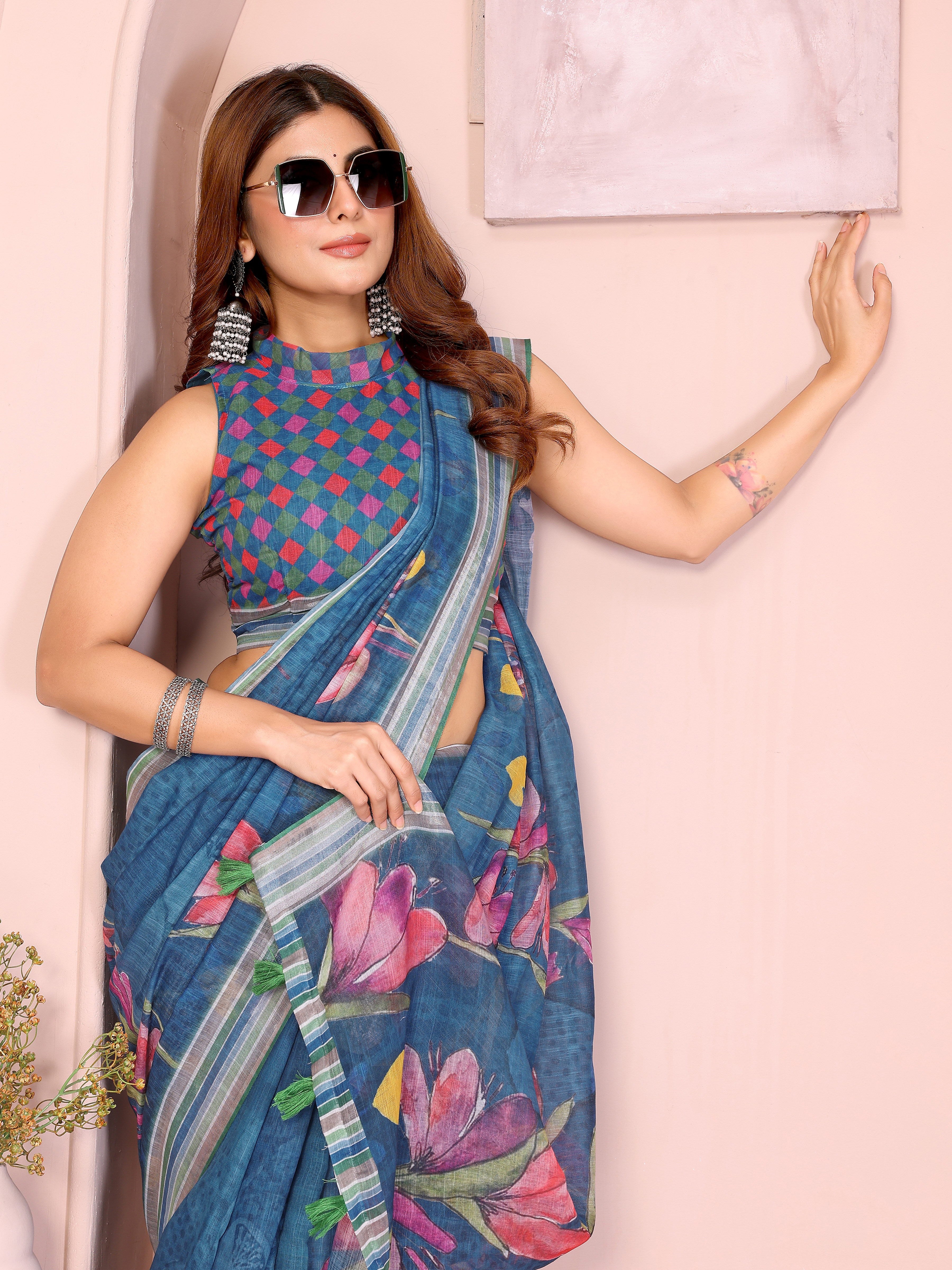 Elegant Linen Cotton Saree with Vibrant Floral Print