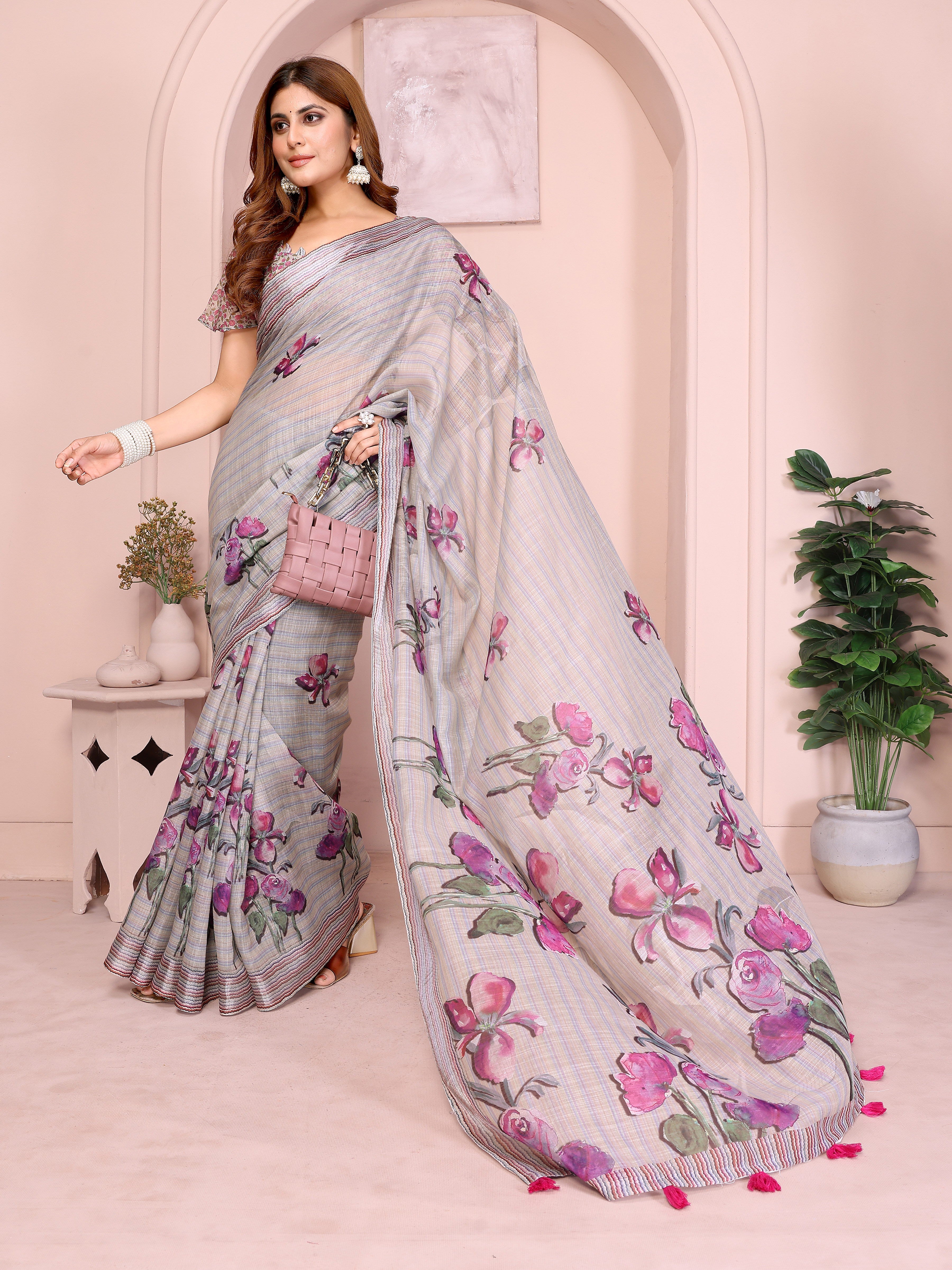 Soft Grey Linen Cotton Saree with Purple Floral Prints