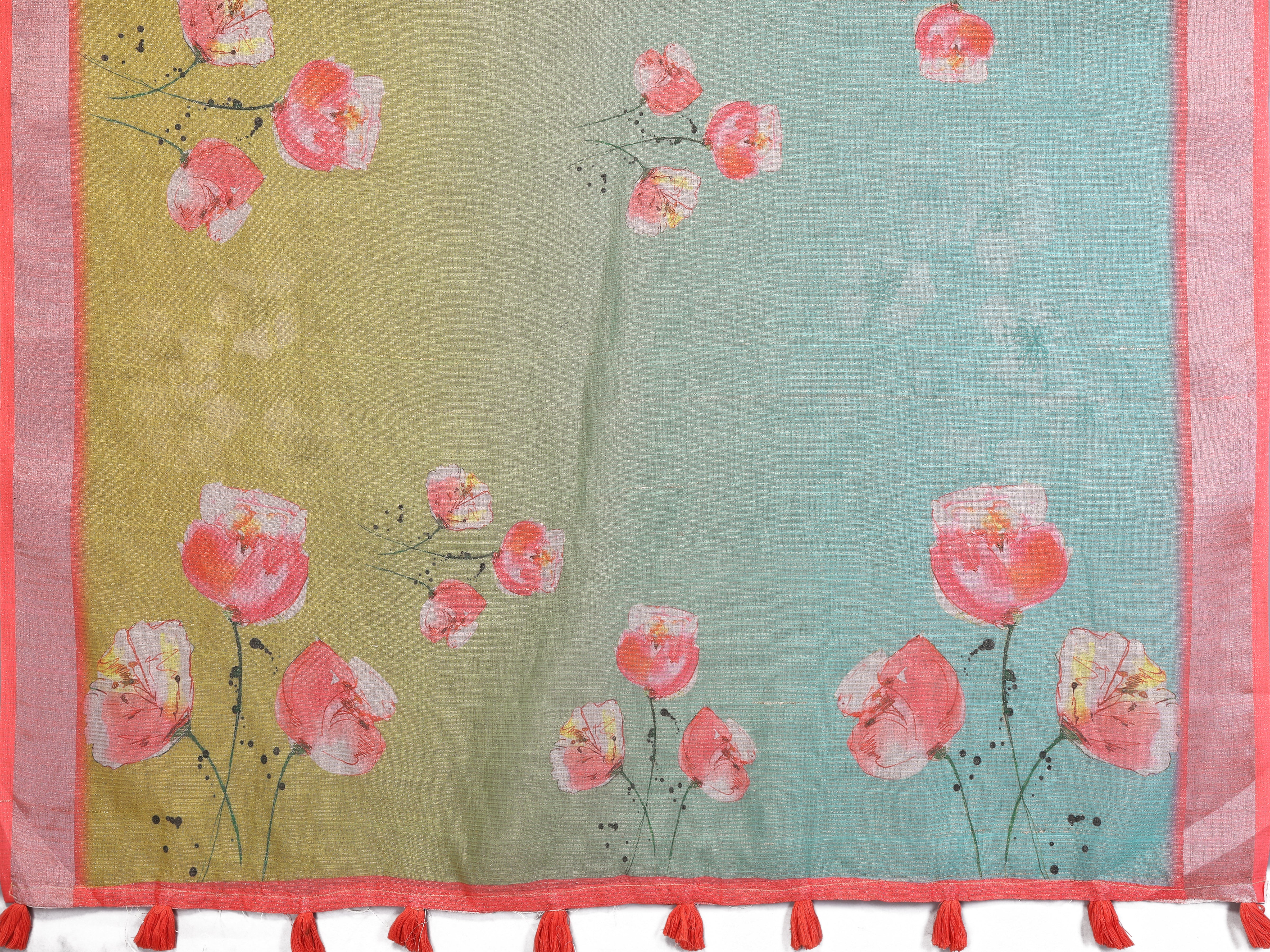 Green & Aqua Floral Print Linen Shimmer Saree