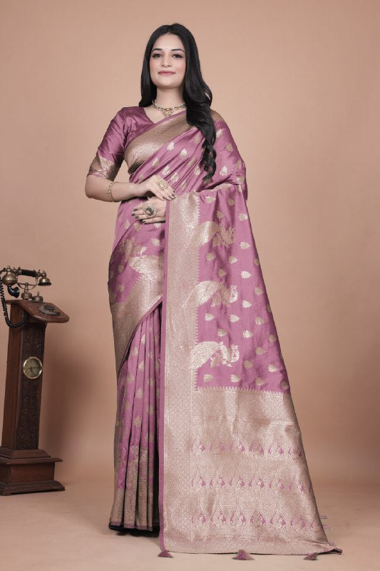 Mauve Purple Banarasi Silk Saree with Gold Zari Peacock Work