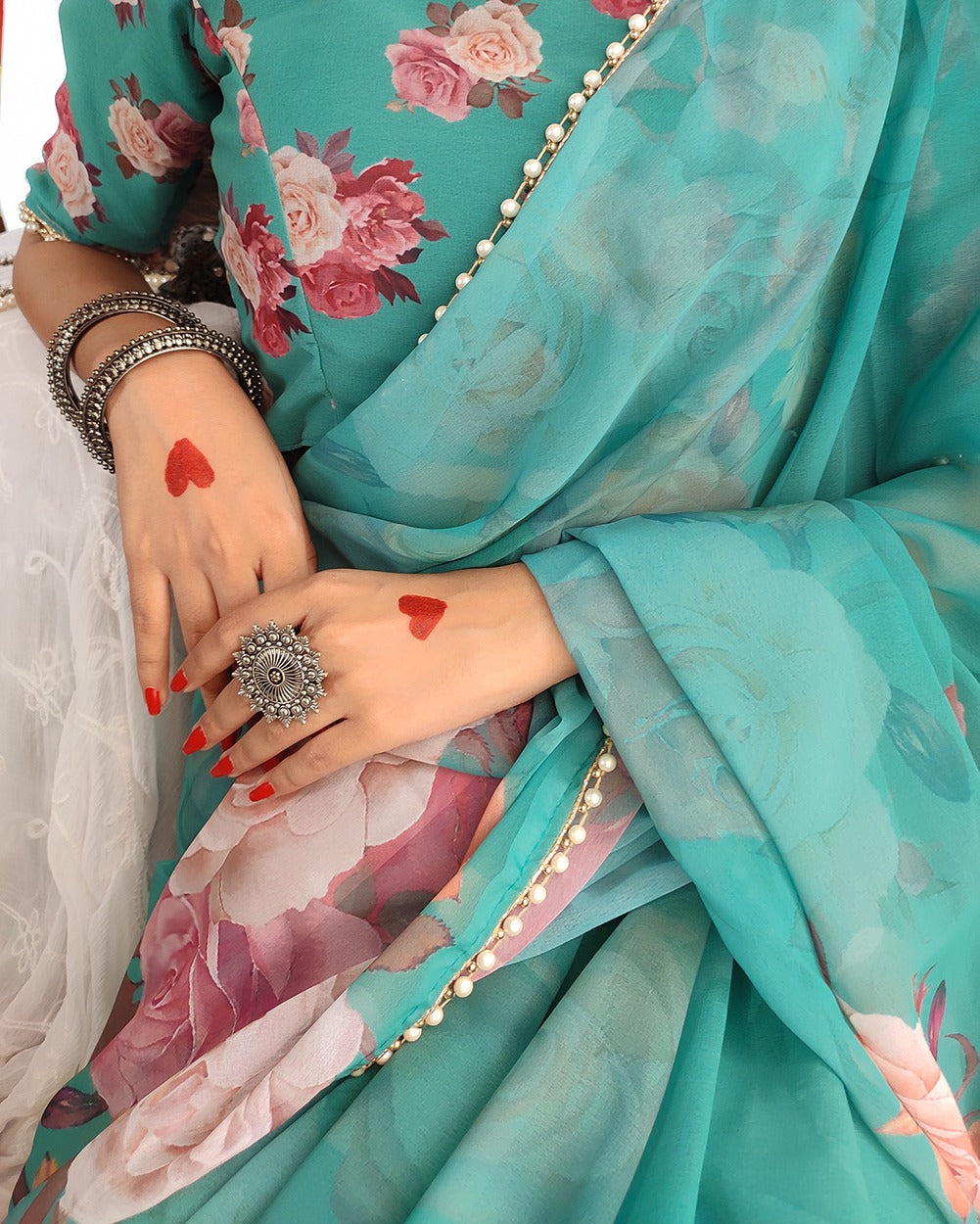 Georgette Printed with pearl lace border Saree