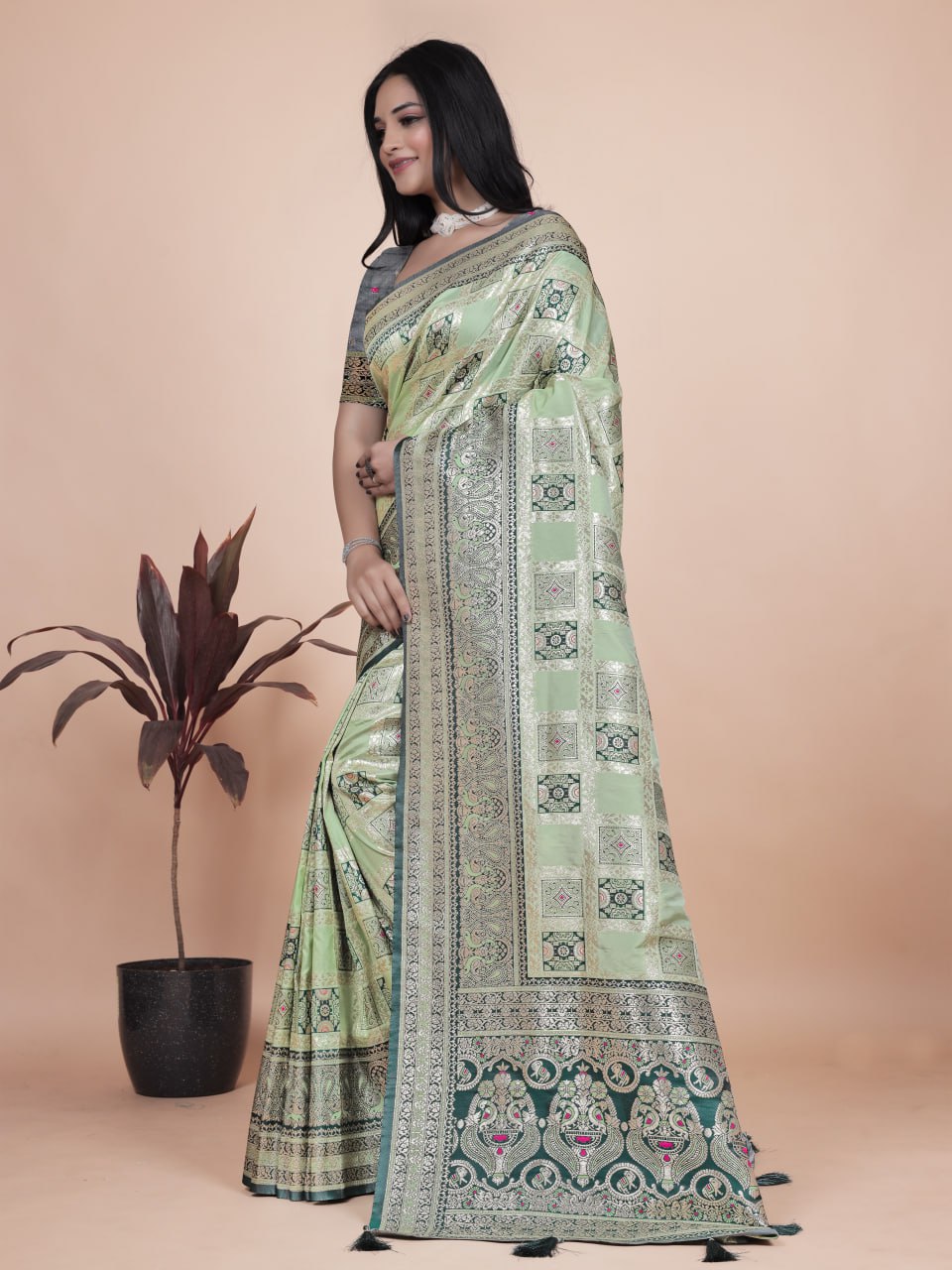 Pastel Green and Dark Green Banarasi Silk Saree with Silver Zari Weaving