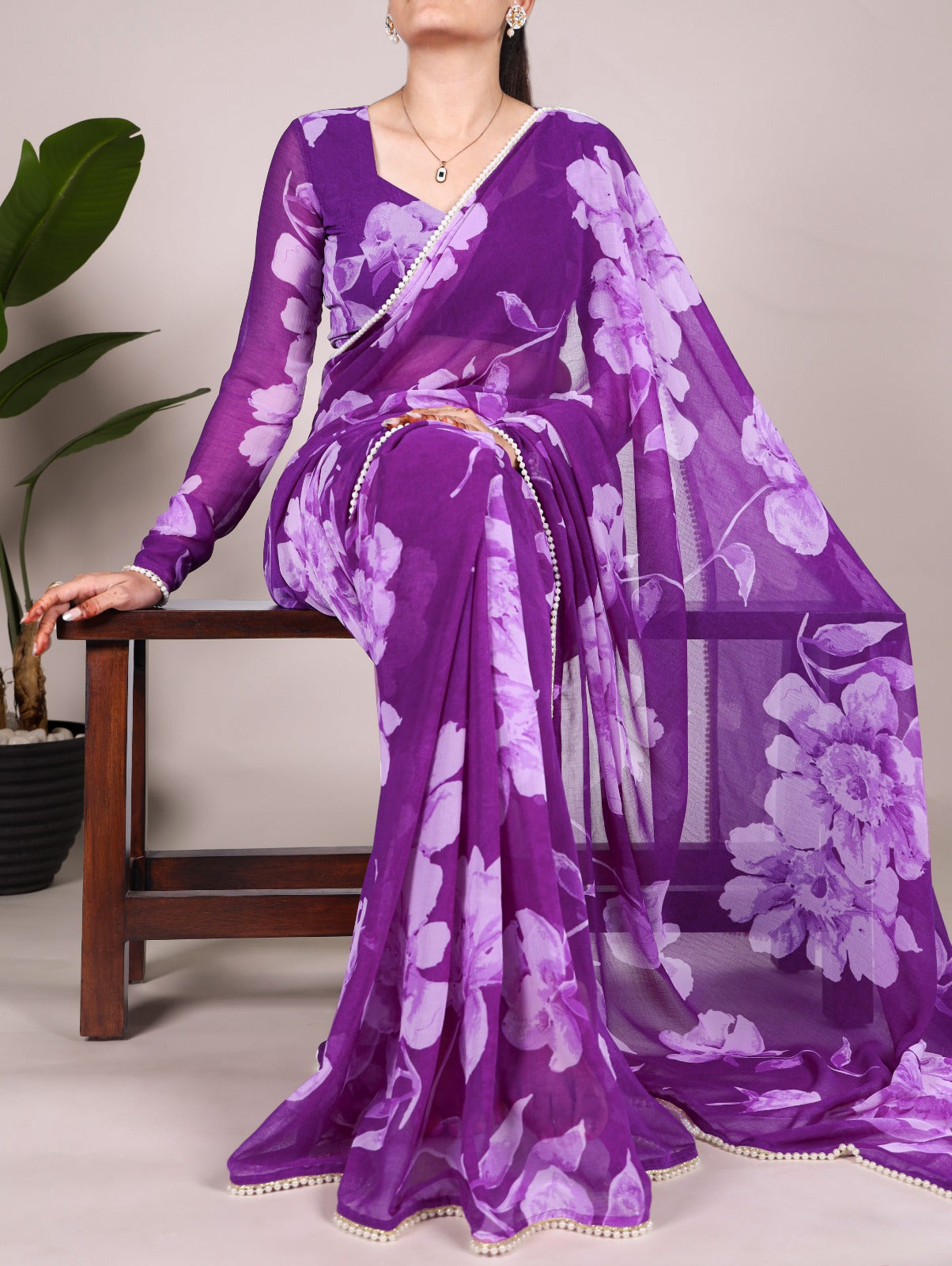 Chiffon Foral Printed Pearl Lace BorderSaree
