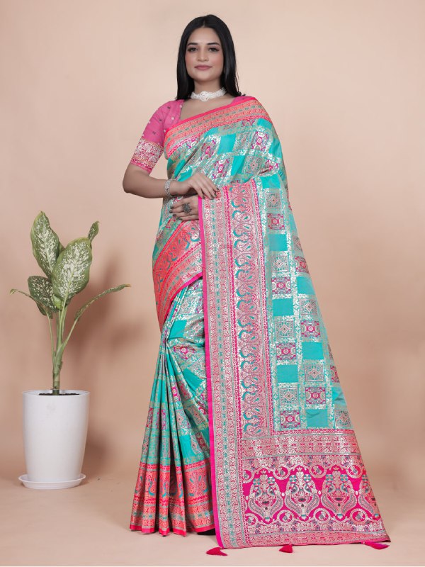 Aqua Blue and Pink Banarasi Silk Saree with Silver Zari Weaving