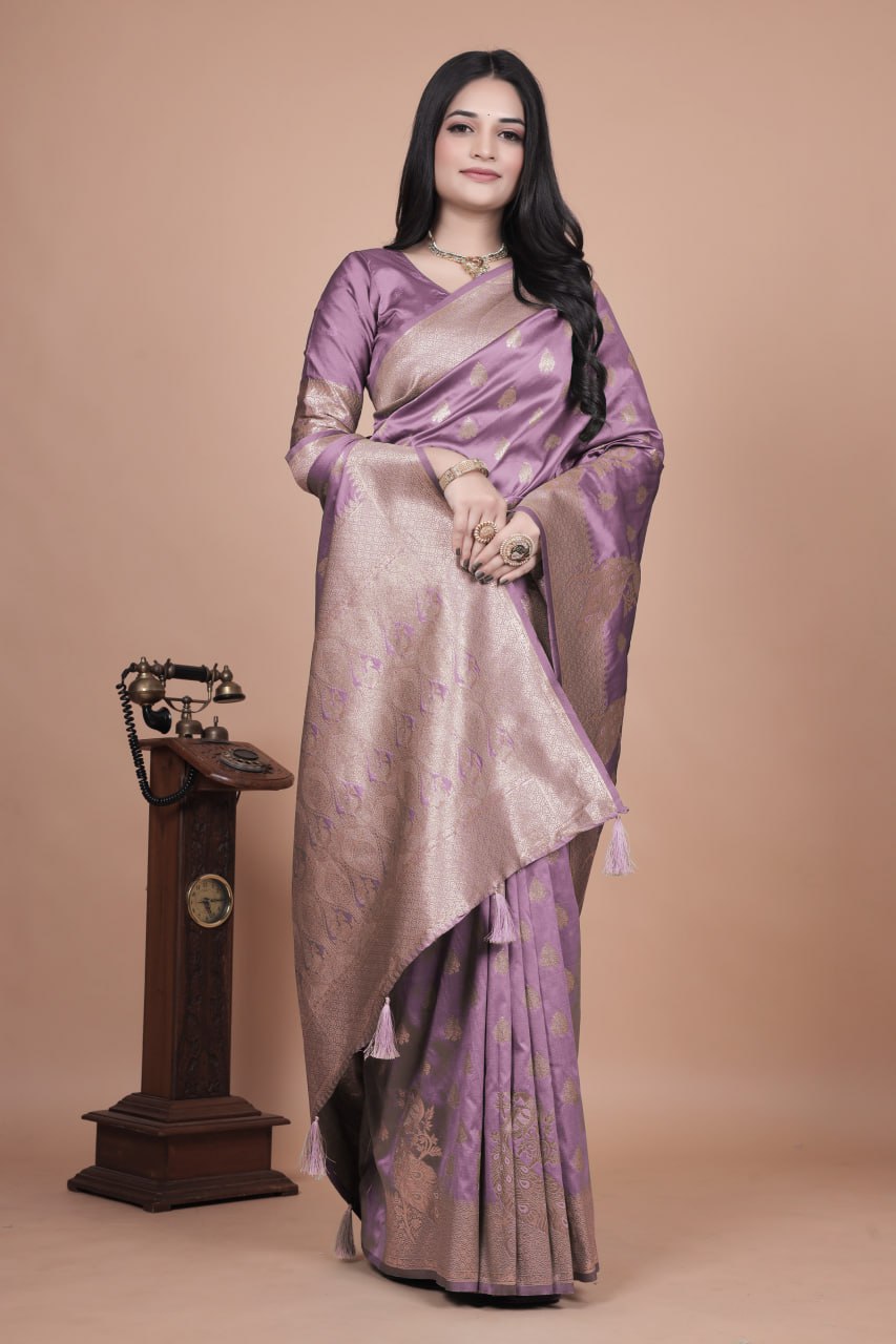 Lavender Banarasi Silk Saree with Golden Zari Weaving