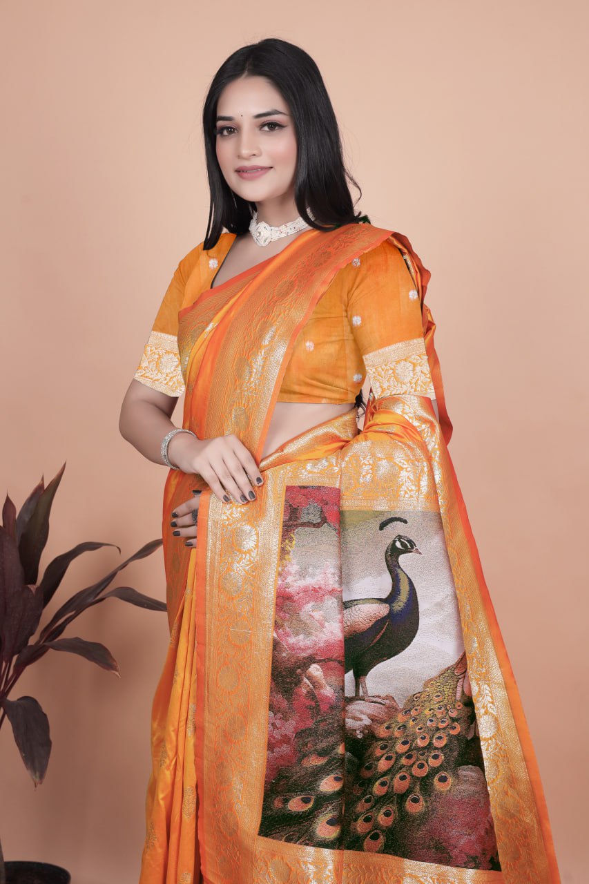 Radiant Orange Silk Saree with Peacock Pallu