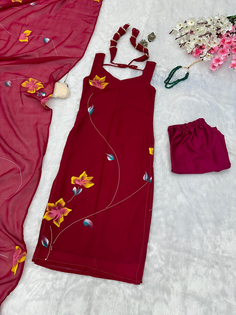 Floral Hand painted georgette kurta with tassels