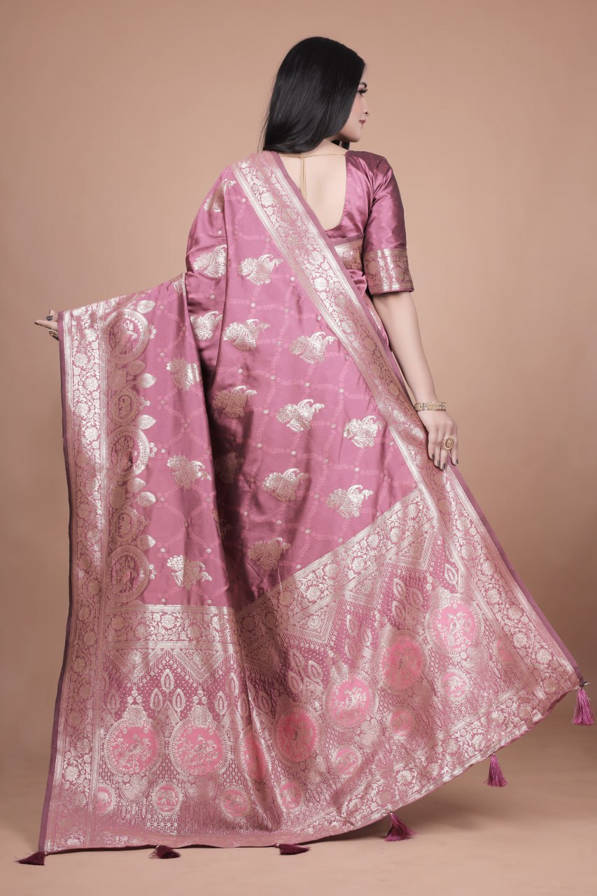 Rose Pink Banarasi Silk Saree with Intricate Silver Zari Weave