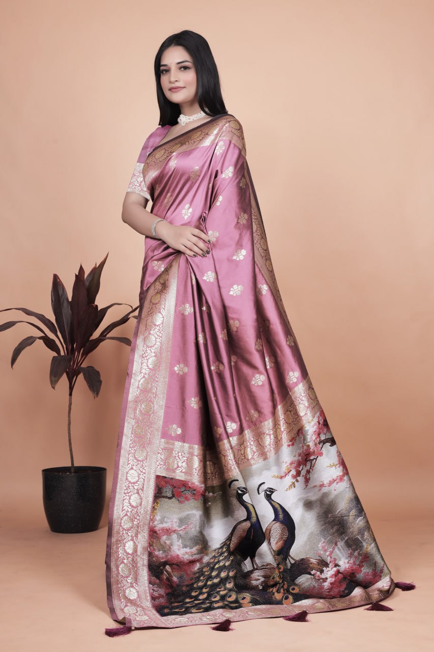 Rosewood Pink Banarasi Silk Saree with Artistic Peacock Pallu