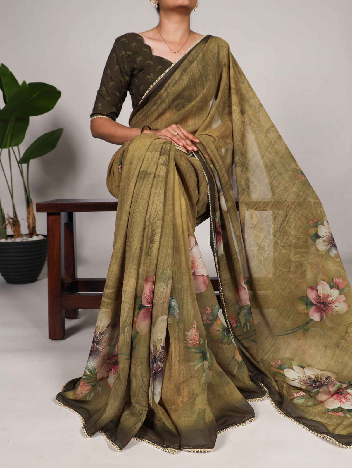 Georgette Floral Print With Lace Border Saree