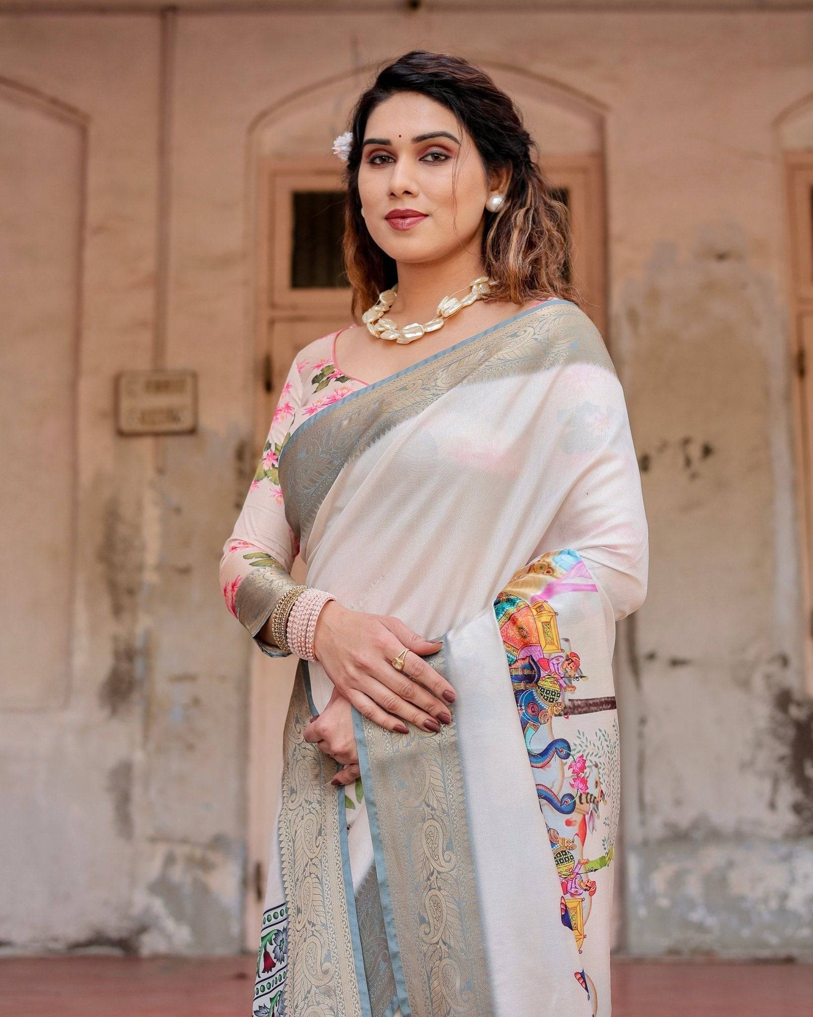 Ivory Tussar Silk Saree with Handcrafted Elephant Motif Pallu and Golden Zari Border