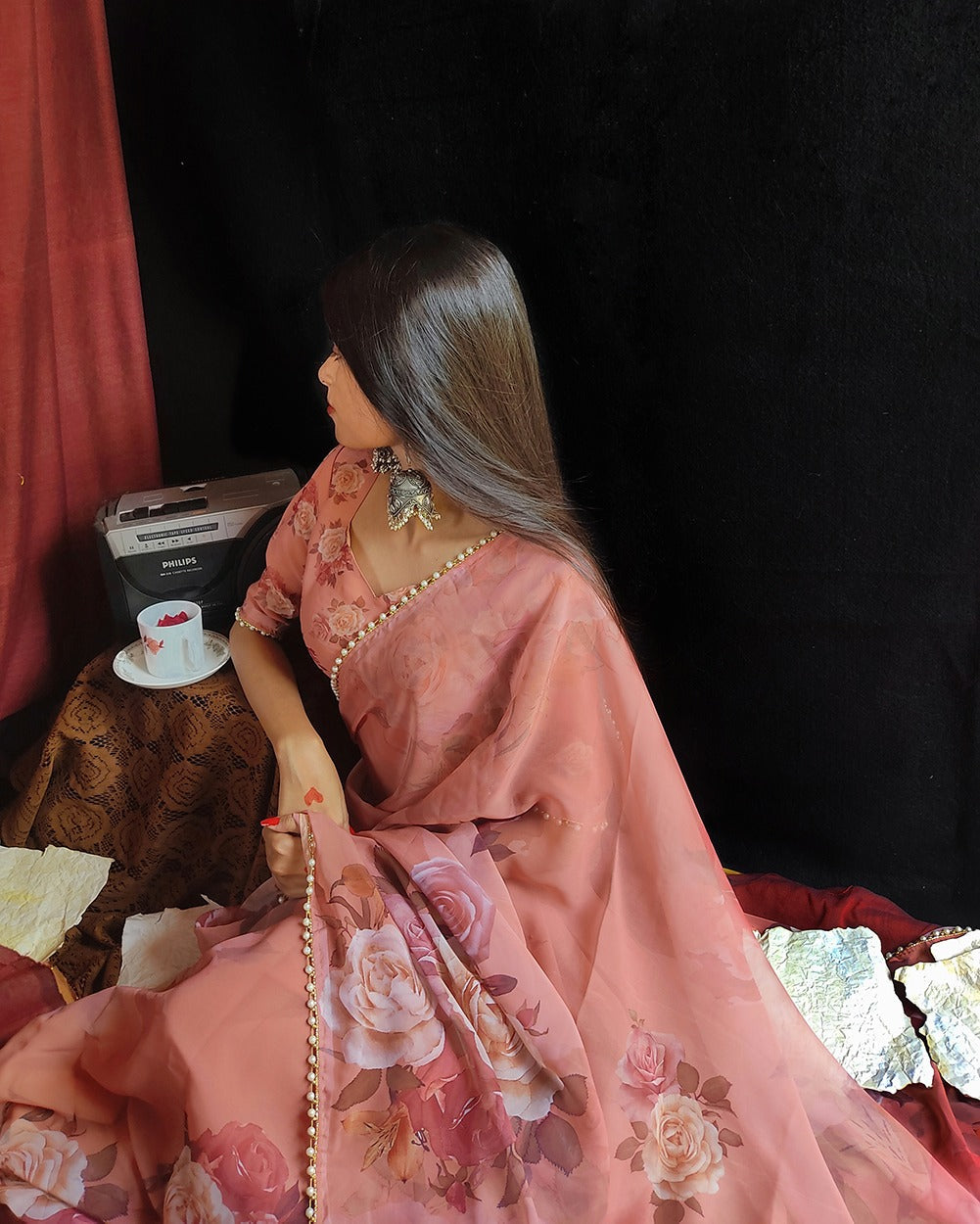 Georgette Printed with pearl lace border Saree