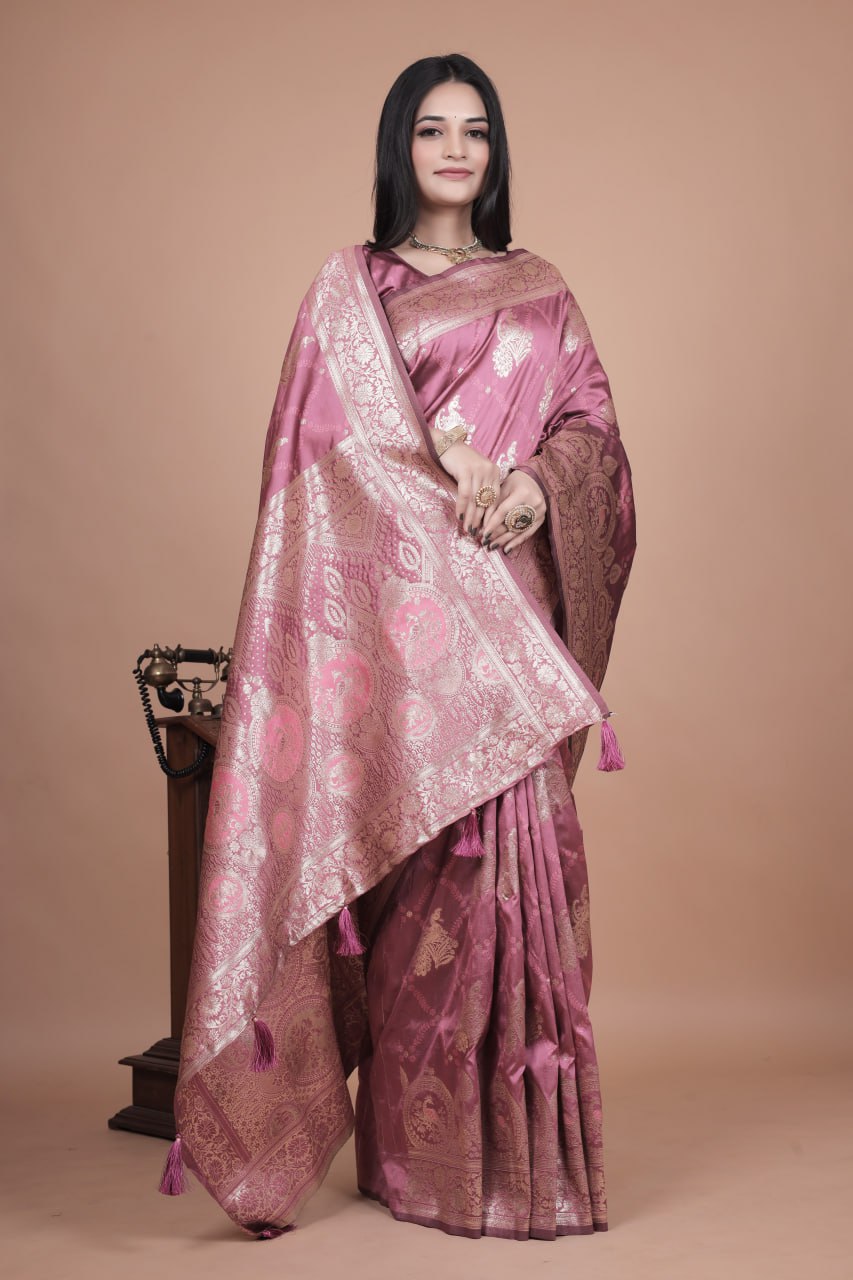 Rose Pink Banarasi Silk Saree with Intricate Silver Zari Weave