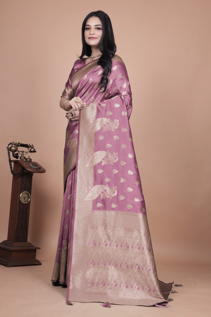 Mauve Purple Banarasi Silk Saree with Gold Zari Peacock Work