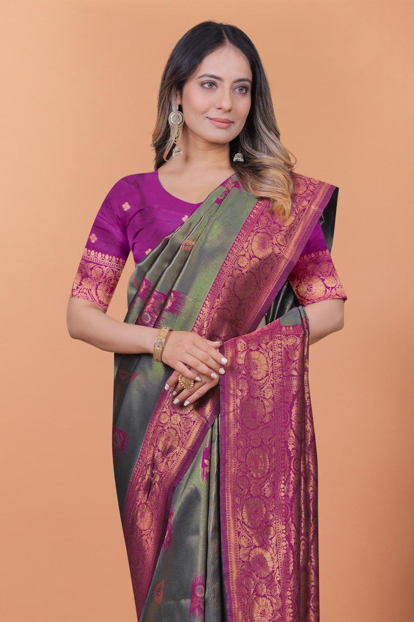 Graceful Banarasi Silk Saree in Grey-Green with Magenta Zari Border & Blouse Piece