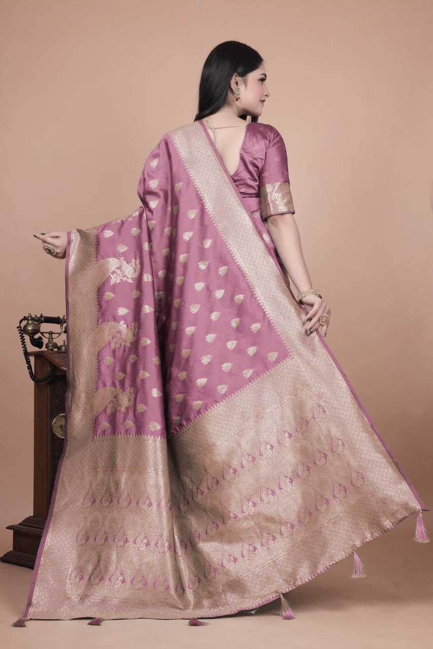 Mauve Purple Banarasi Silk Saree with Gold Zari Peacock Work