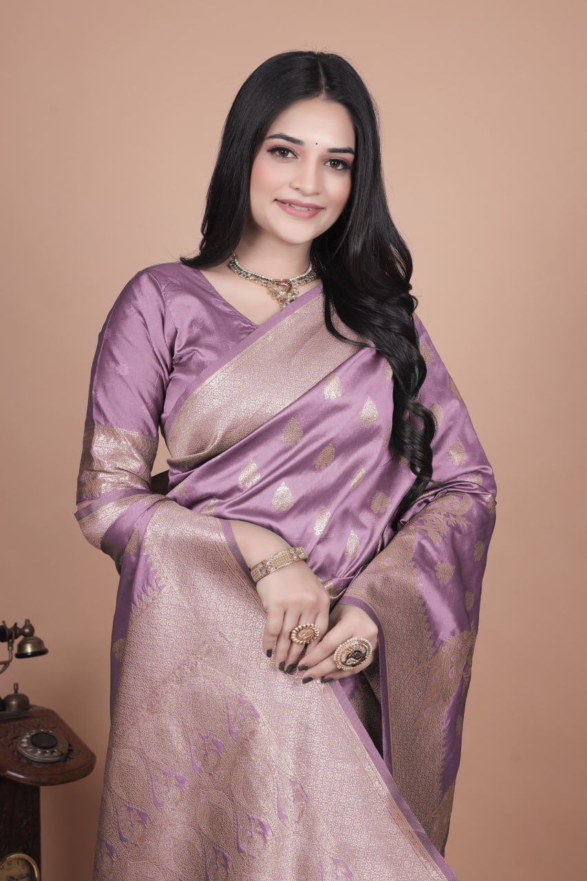 Lavender Banarasi Silk Saree with Golden Zari Weaving