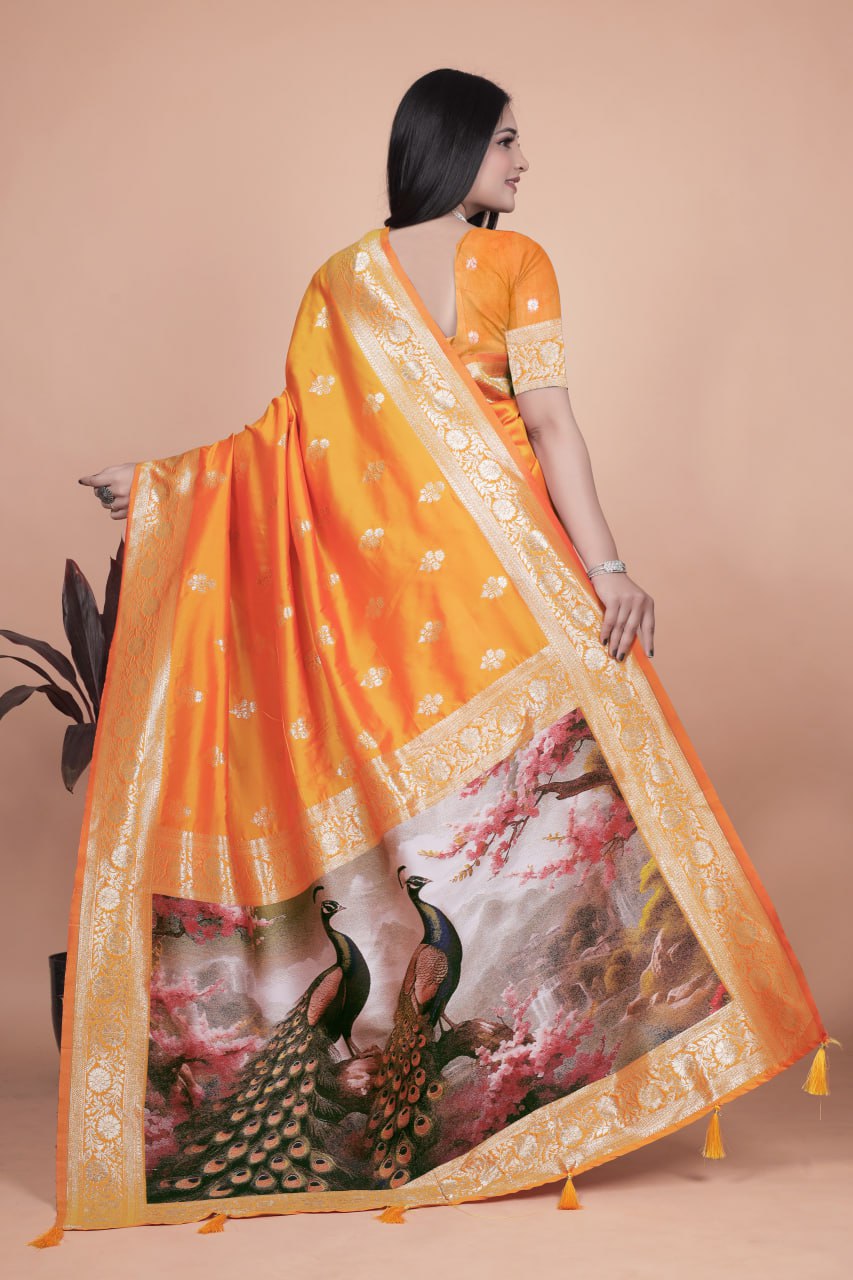 Radiant Orange Silk Saree with Peacock Pallu